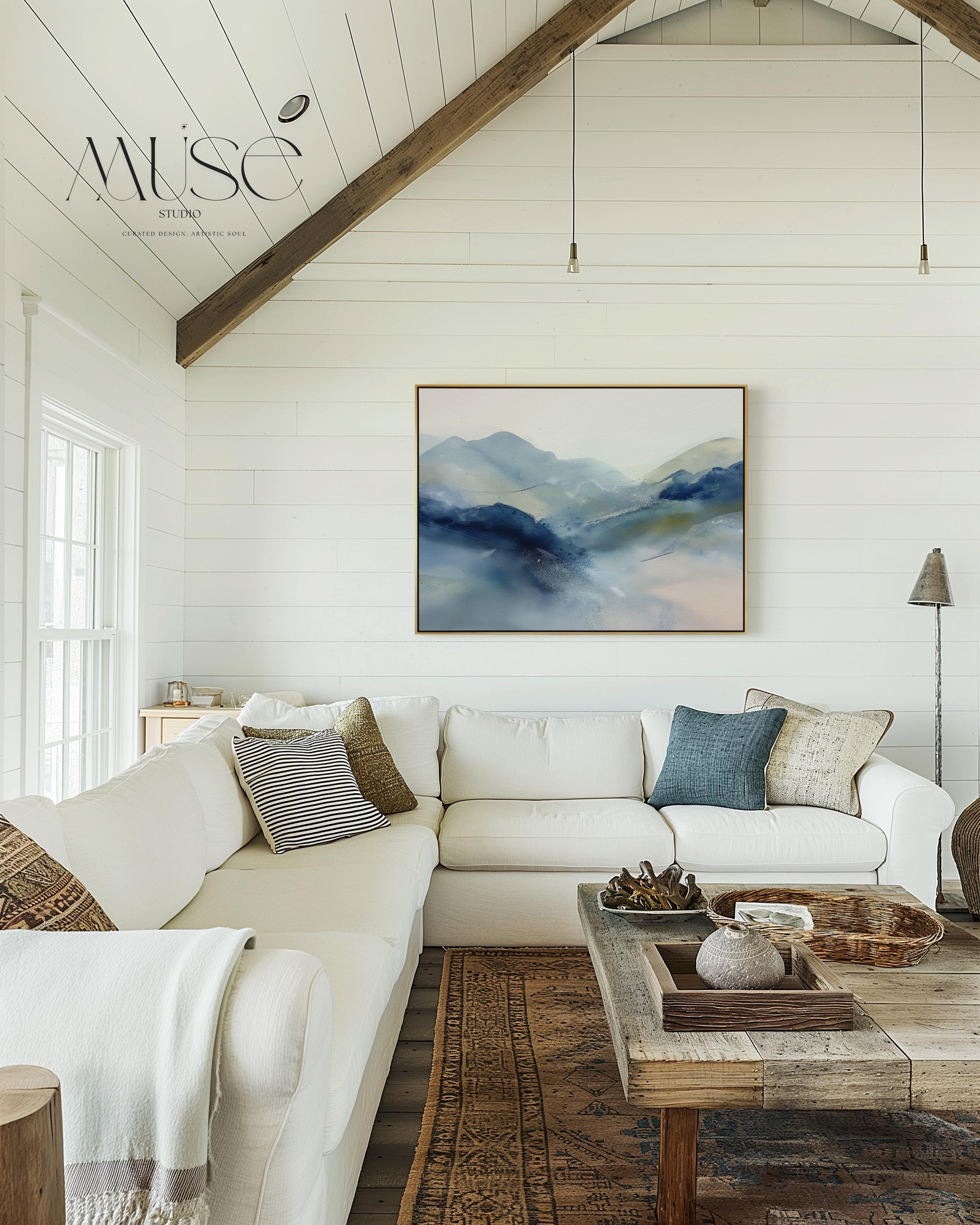 Framed alpine blue and winter white abstract canvas with soft snowy tones. Minimalist winter wall art for ski lodges, coastal cabins, bedrooms, or living rooms. Winter Whites Collection by Muse Studio, MUSE 621.