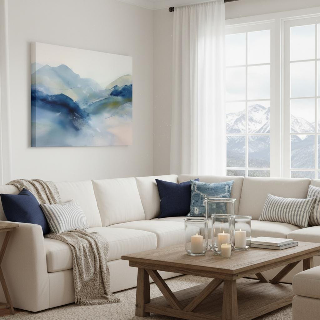 Large winter white and alpine blue abstract canvas with soft snowy tones. Minimalist winter wall art for ski lodges, winter homes, living rooms, or bedrooms. Winter Whites Collection by Muse Studio, MUSE 621.