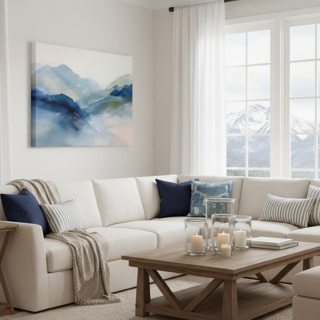 Large winter white and alpine blue abstract canvas with soft snowy tones. Minimalist winter wall art for ski lodges, winter homes, living rooms, or bedrooms. Winter Whites Collection by Muse Studio, MUSE 621.