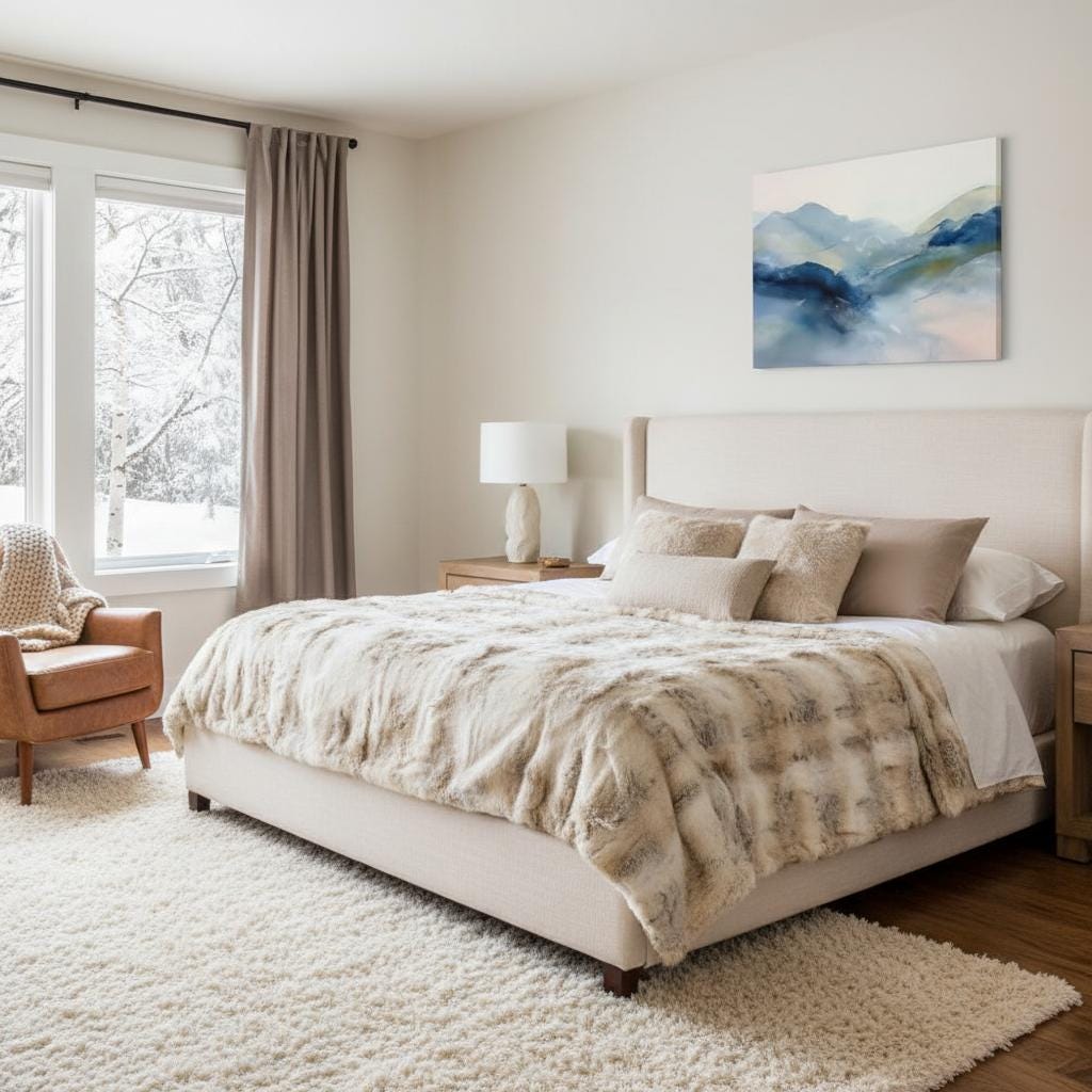 Large winter white and alpine blue abstract canvas with soft snowy tones. Minimalist winter wall art for ski lodges, winter homes, living rooms, or bedrooms. Winter Whites Collection by Muse Studio, MUSE 621.