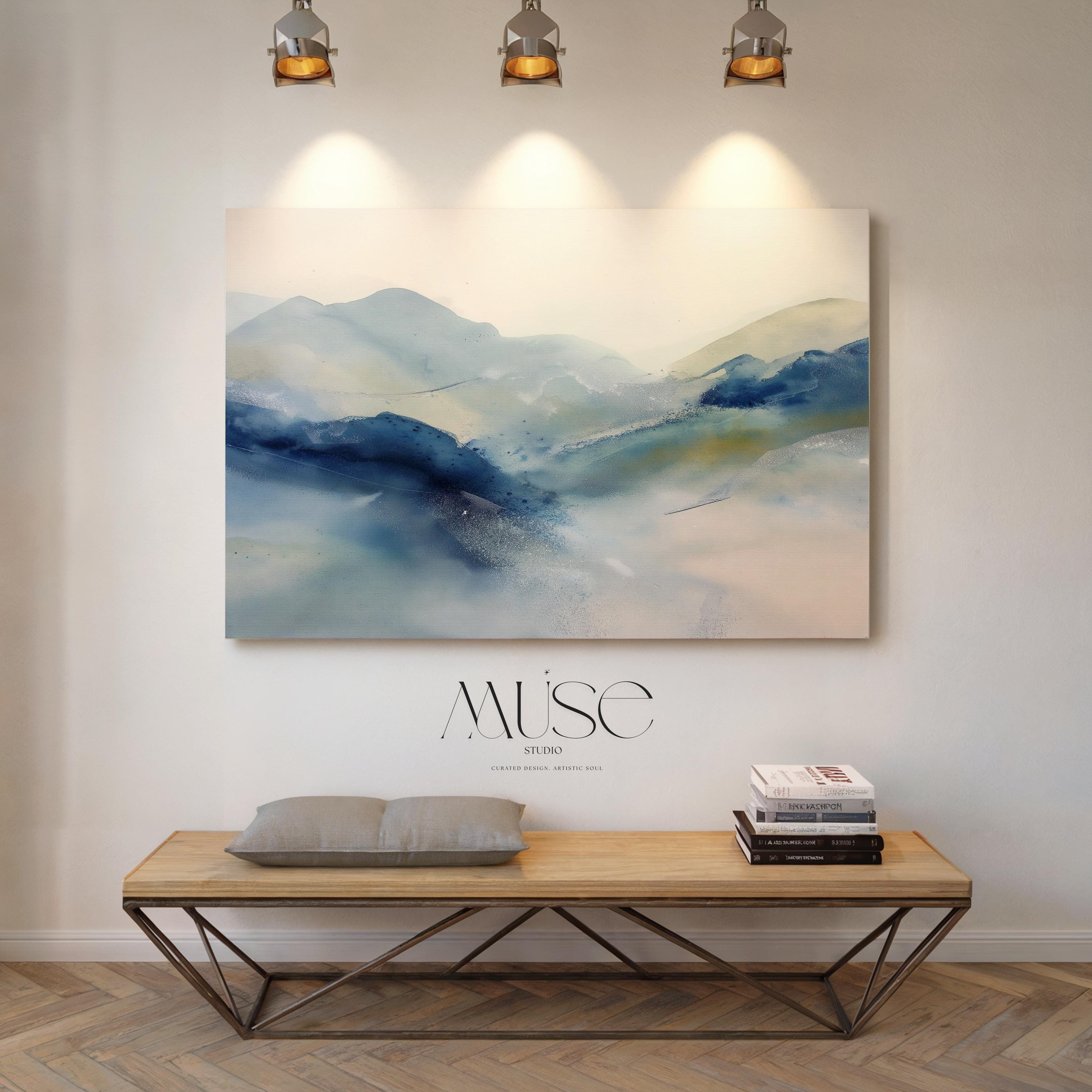 Large winter white and alpine blue abstract canvas with soft snowy tones. Minimalist winter wall art for ski lodges, winter homes, living rooms, or bedrooms. Winter Whites Collection by Muse Studio, MUSE 621.