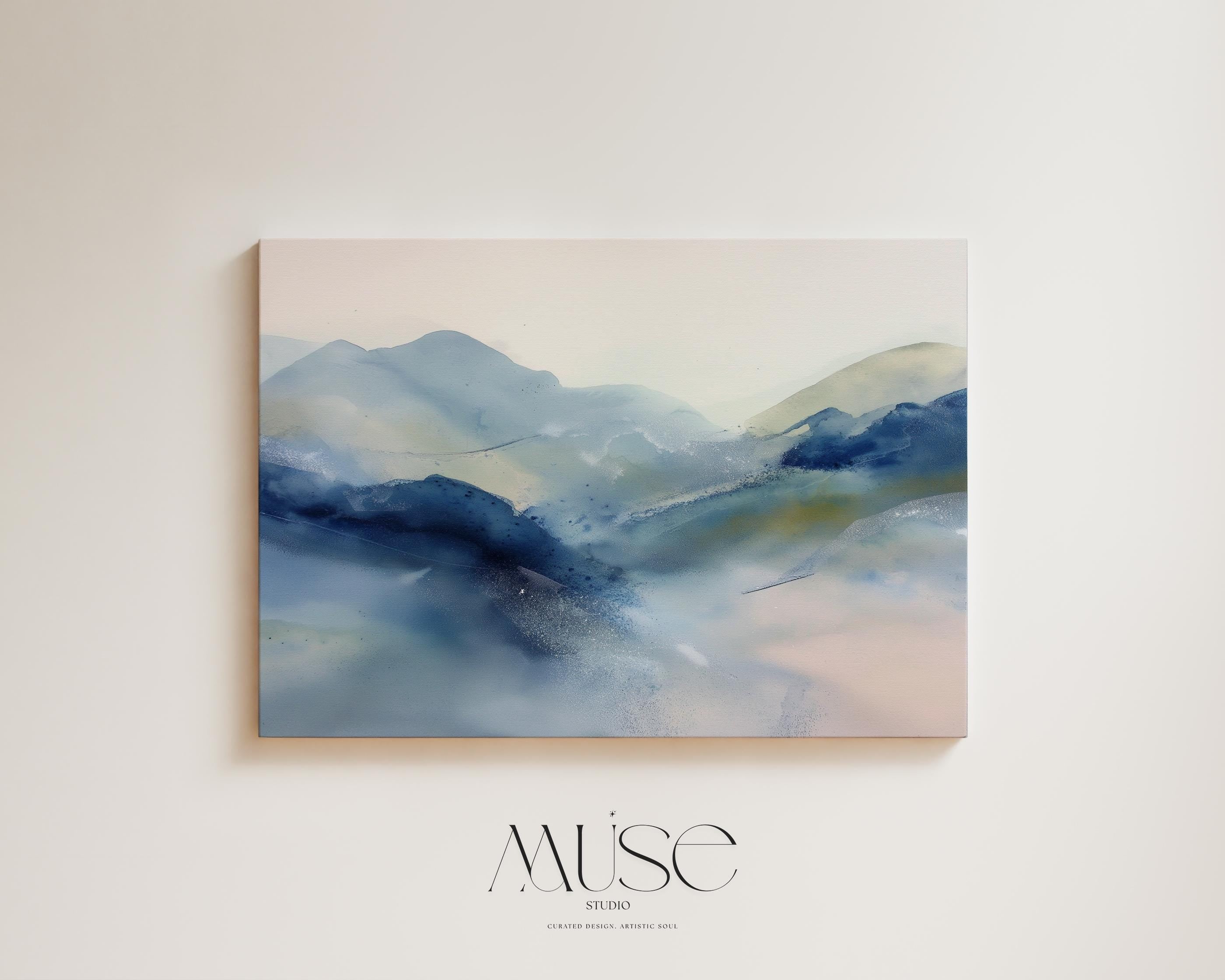 Large winter white and alpine blue abstract canvas with soft snowy tones. Minimalist winter wall art for ski lodges, winter homes, living rooms, or bedrooms. Winter Whites Collection by Muse Studio, MUSE 621.