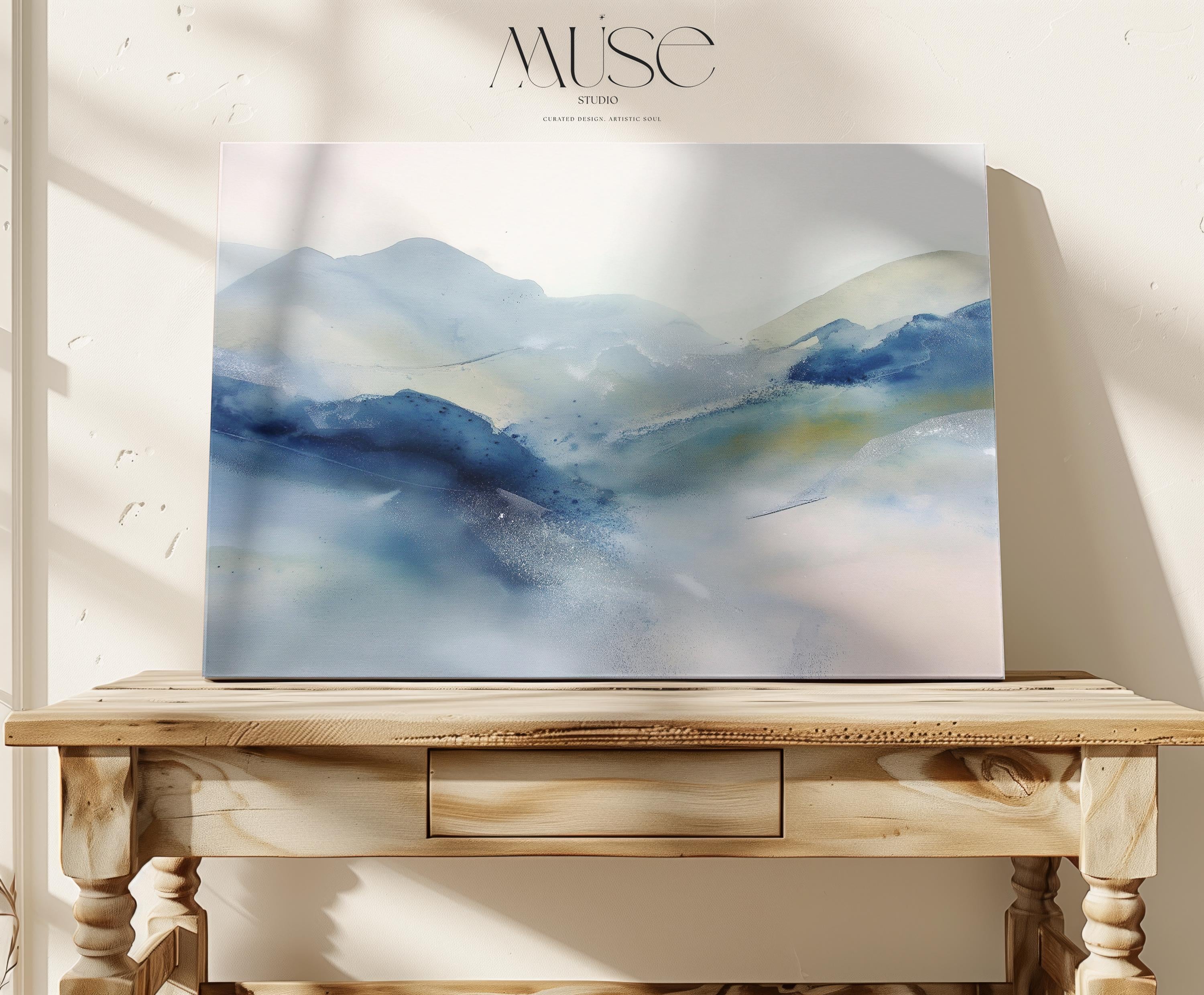 Large winter white and alpine blue abstract canvas with soft snowy tones. Minimalist winter wall art for ski lodges, winter homes, living rooms, or bedrooms. Winter Whites Collection by Muse Studio, MUSE 621.