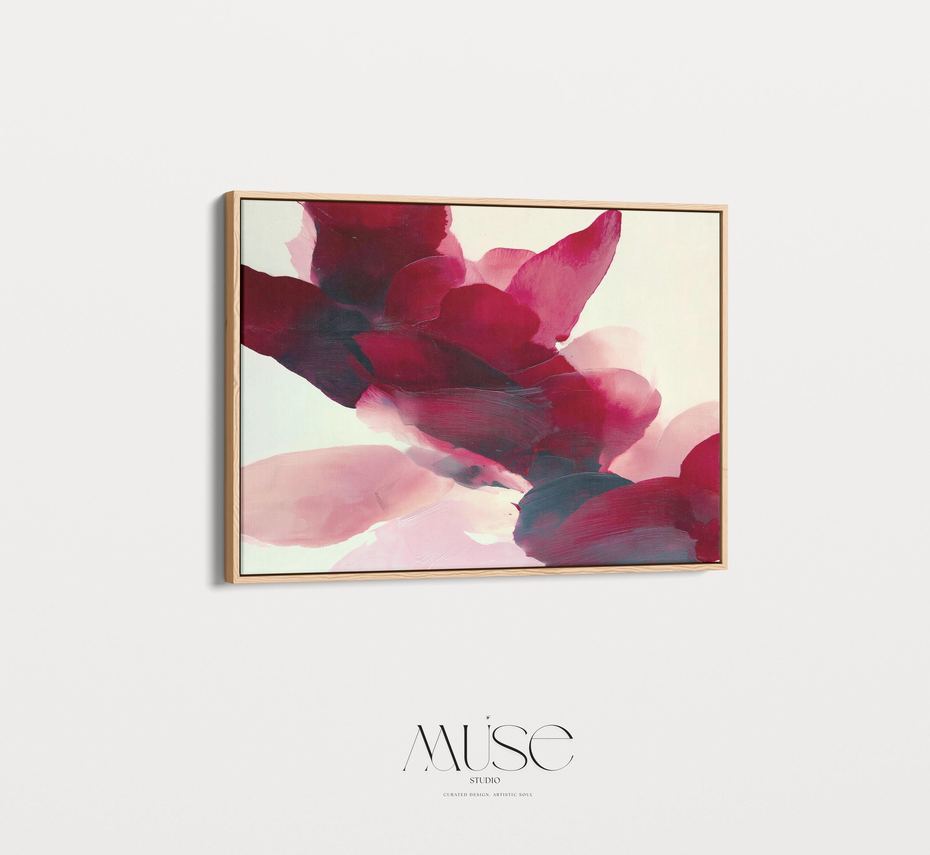 Square cranberry and blush abstract wall art with layered brushstrokes and soft winter tones, styled for cozy holiday decor, winter lodge interiors, and contemporary seasonal homes. Premium framed canvas wall art by Muse Studio.