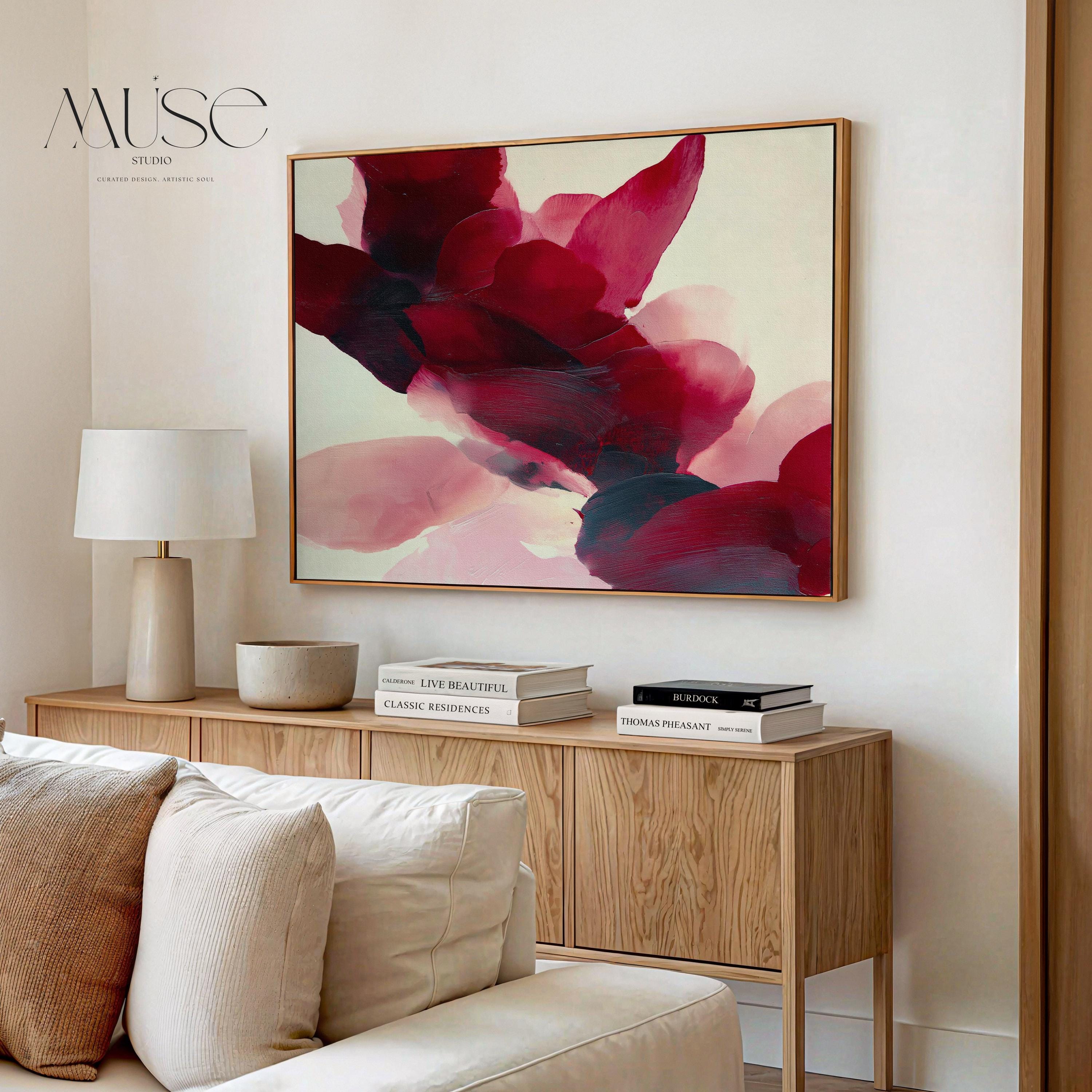 Square cranberry and blush abstract wall art with layered brushstrokes and soft winter tones, styled for cozy holiday decor, winter lodge interiors, and contemporary seasonal homes. Premium framed canvas wall art by Muse Studio.