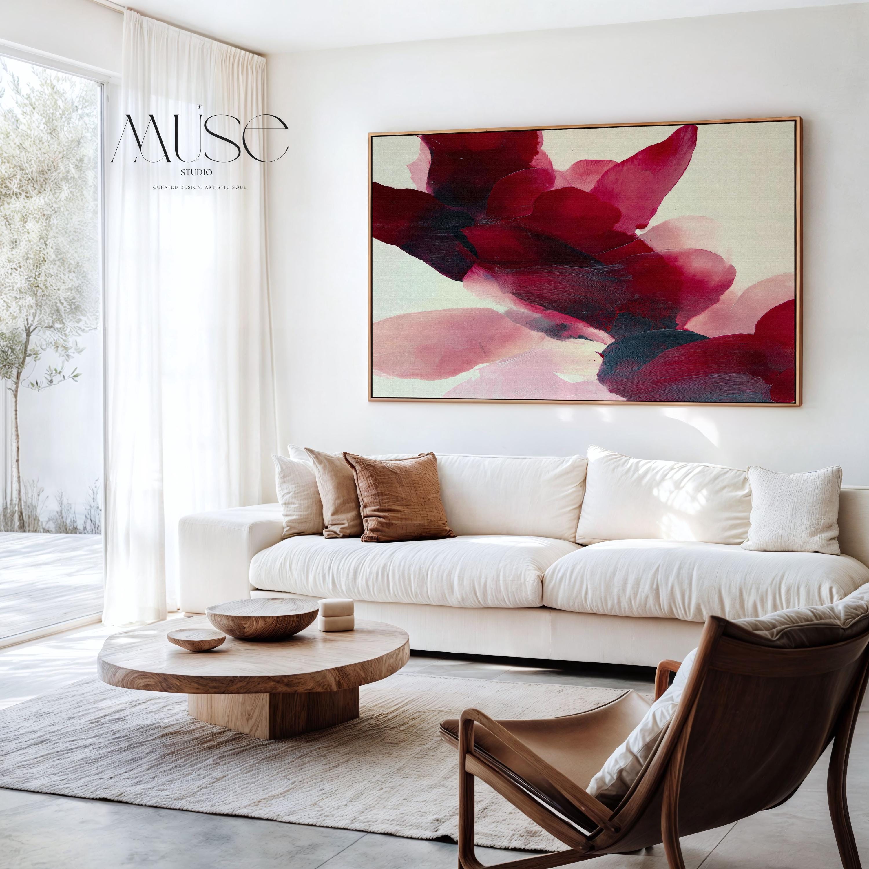 Square cranberry and blush abstract wall art with layered brushstrokes and soft winter tones, styled for cozy holiday decor, winter lodge interiors, and contemporary seasonal homes. Premium framed canvas wall art by Muse Studio.