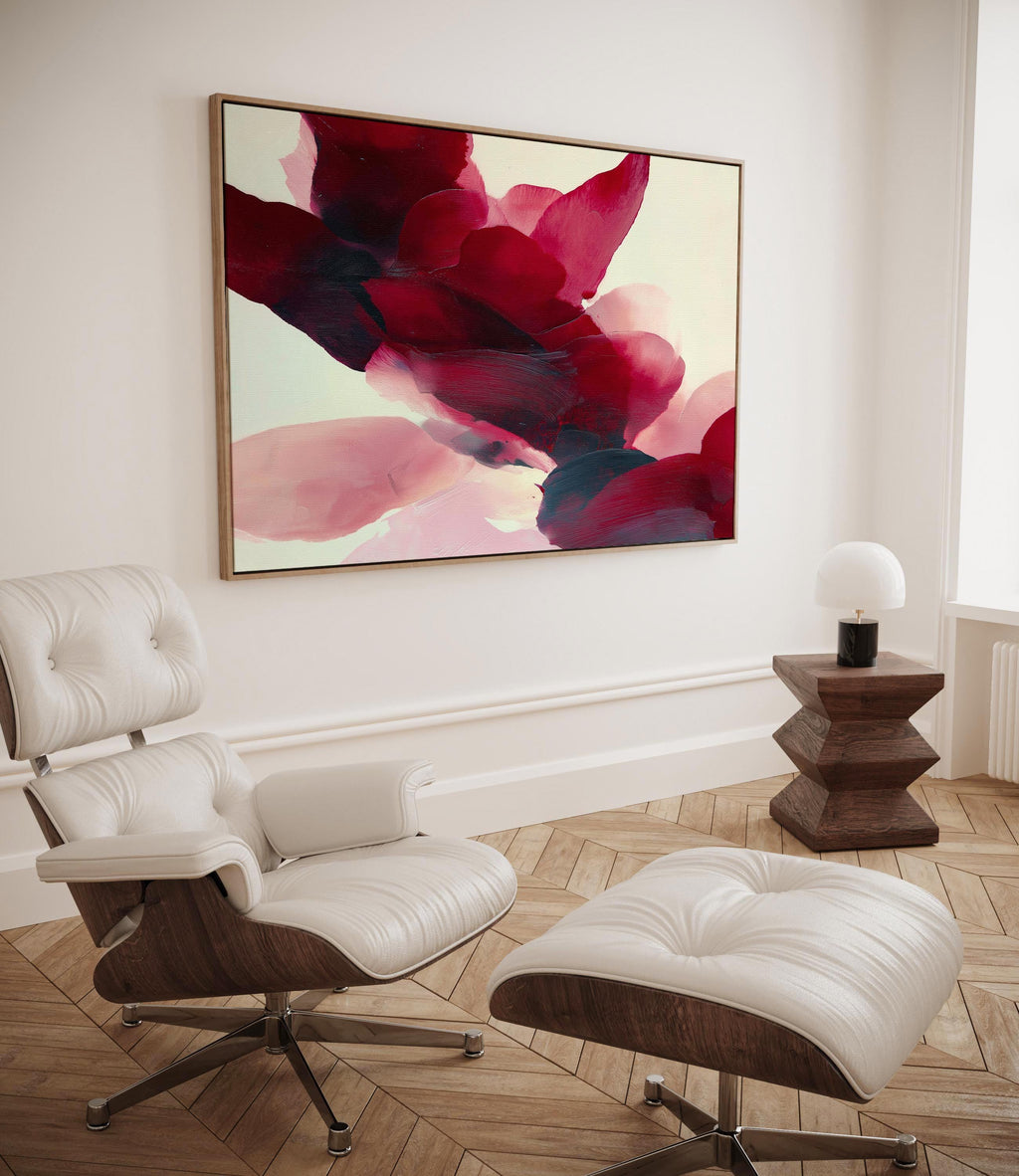 Square cranberry and blush abstract wall art with layered brushstrokes and soft winter tones, styled for cozy holiday decor, winter lodge interiors, and contemporary seasonal homes. Premium framed canvas wall art by Muse Studio.