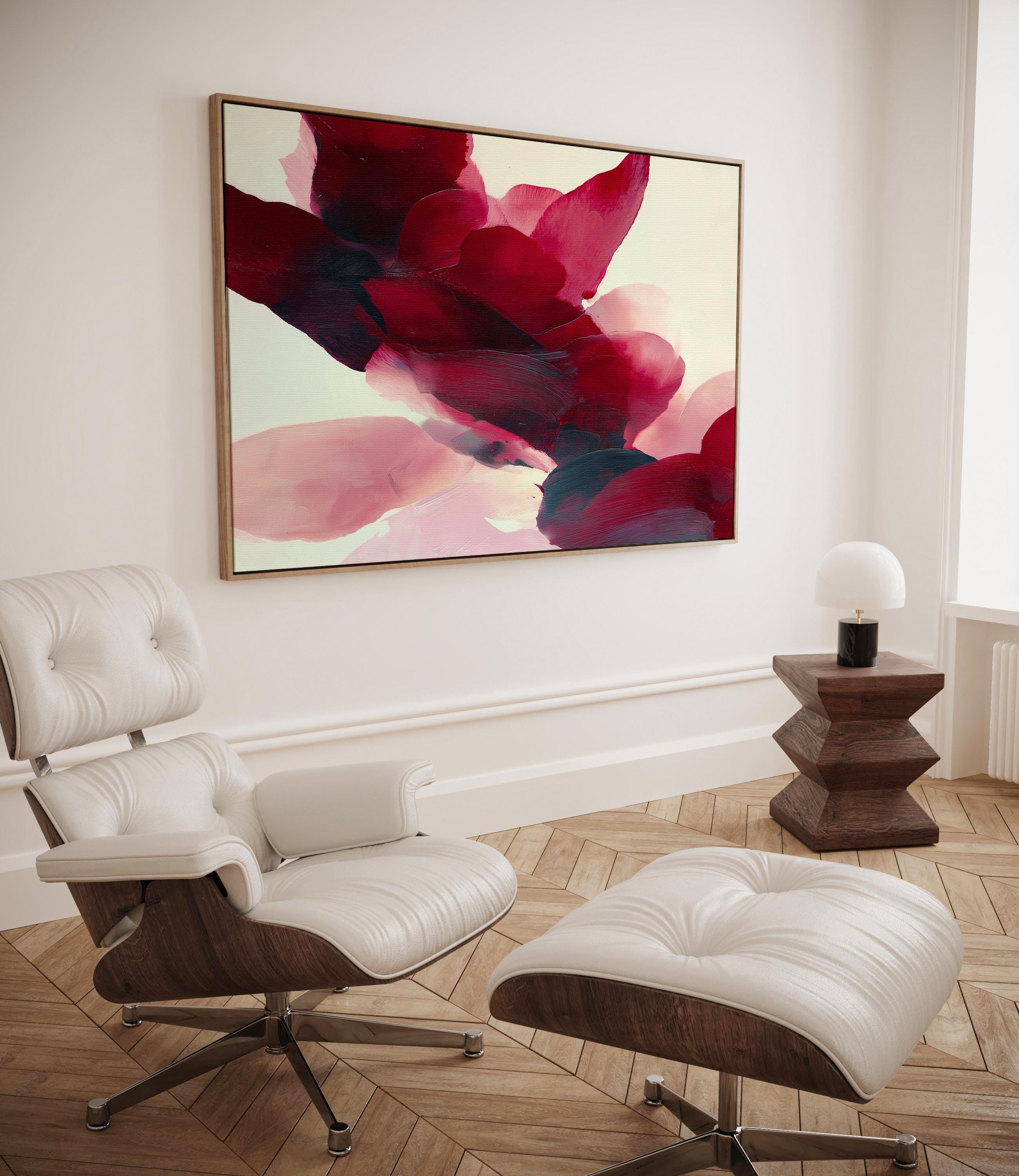 Square cranberry and blush abstract wall art with layered brushstrokes and soft winter tones, styled for cozy holiday decor, winter lodge interiors, and contemporary seasonal homes. Premium framed canvas wall art by Muse Studio.