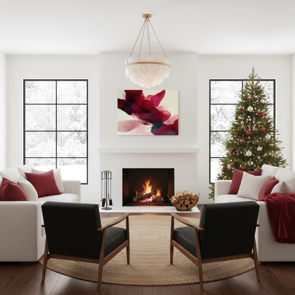 Horizontal cranberry and blush abstract wall art on canvas with sweeping painterly forms and soft contemporary style. Large statement decor for living room, dining room, or bedroom. Gallery-grade canvas wall art by Muse Studio.
