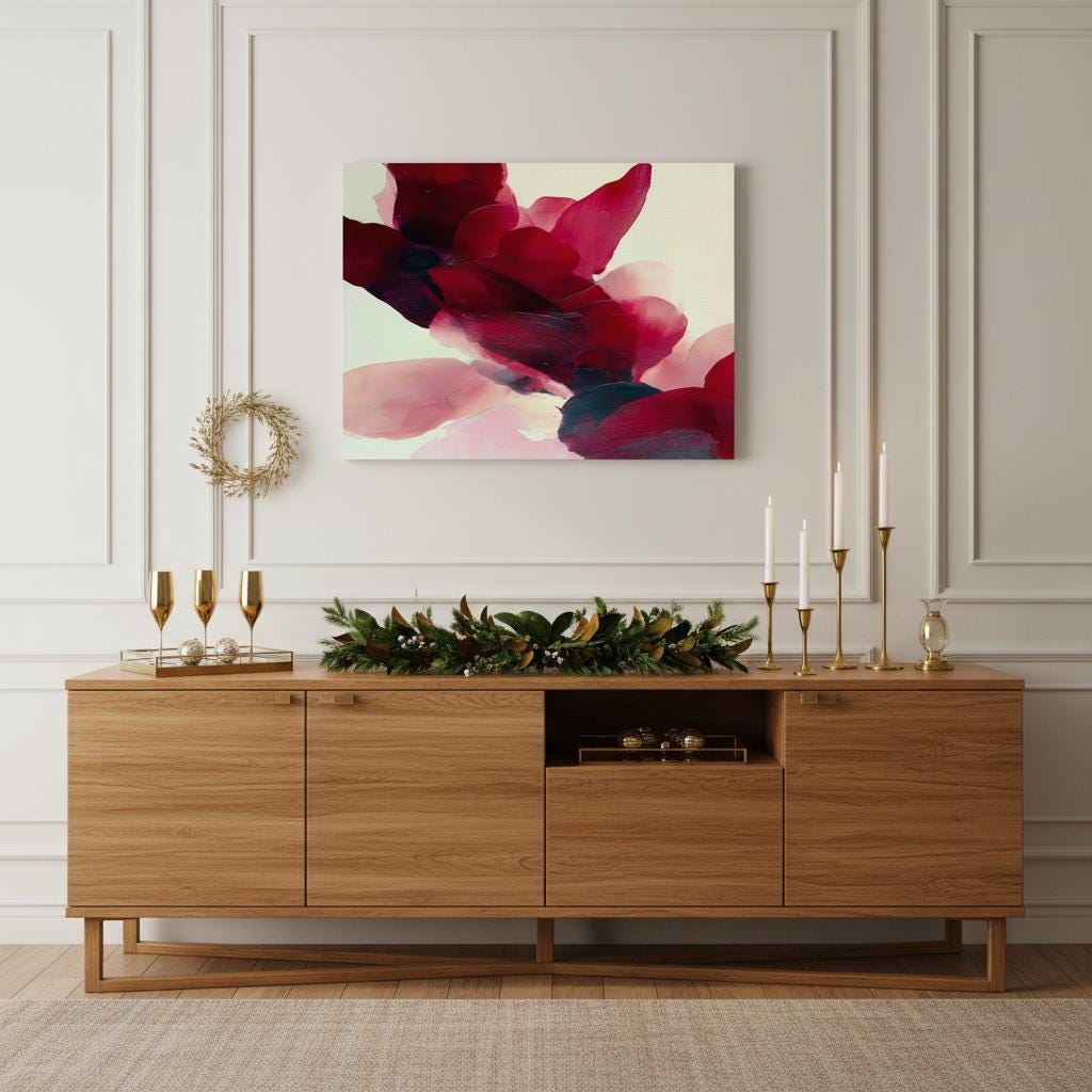 Horizontal cranberry and blush abstract wall art on canvas with sweeping painterly forms and soft contemporary style. Large statement decor for living room, dining room, or bedroom. Gallery-grade canvas wall art by Muse Studio.