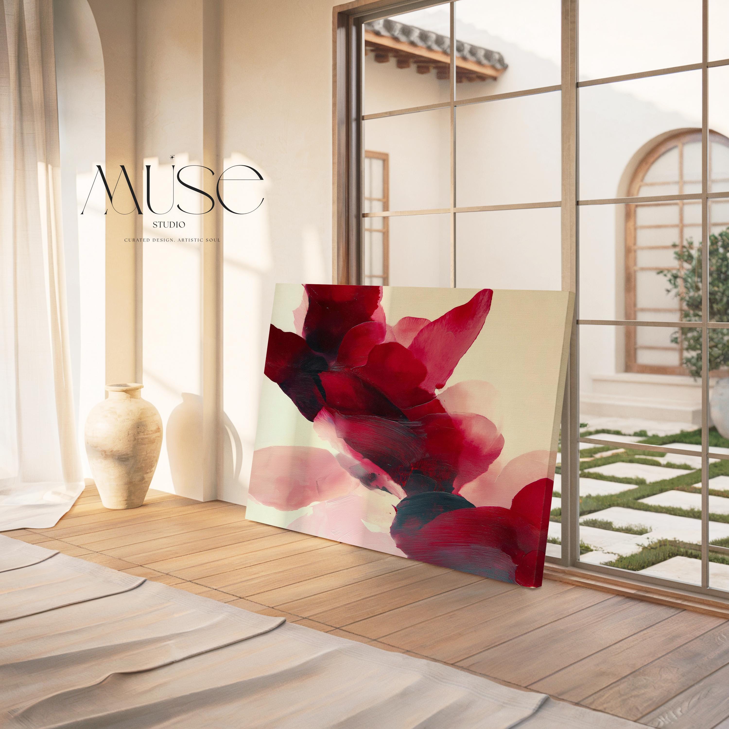 Horizontal cranberry and blush abstract wall art on canvas with sweeping painterly forms and soft contemporary style. Large statement decor for living room, dining room, or bedroom. Gallery-grade canvas wall art by Muse Studio.
