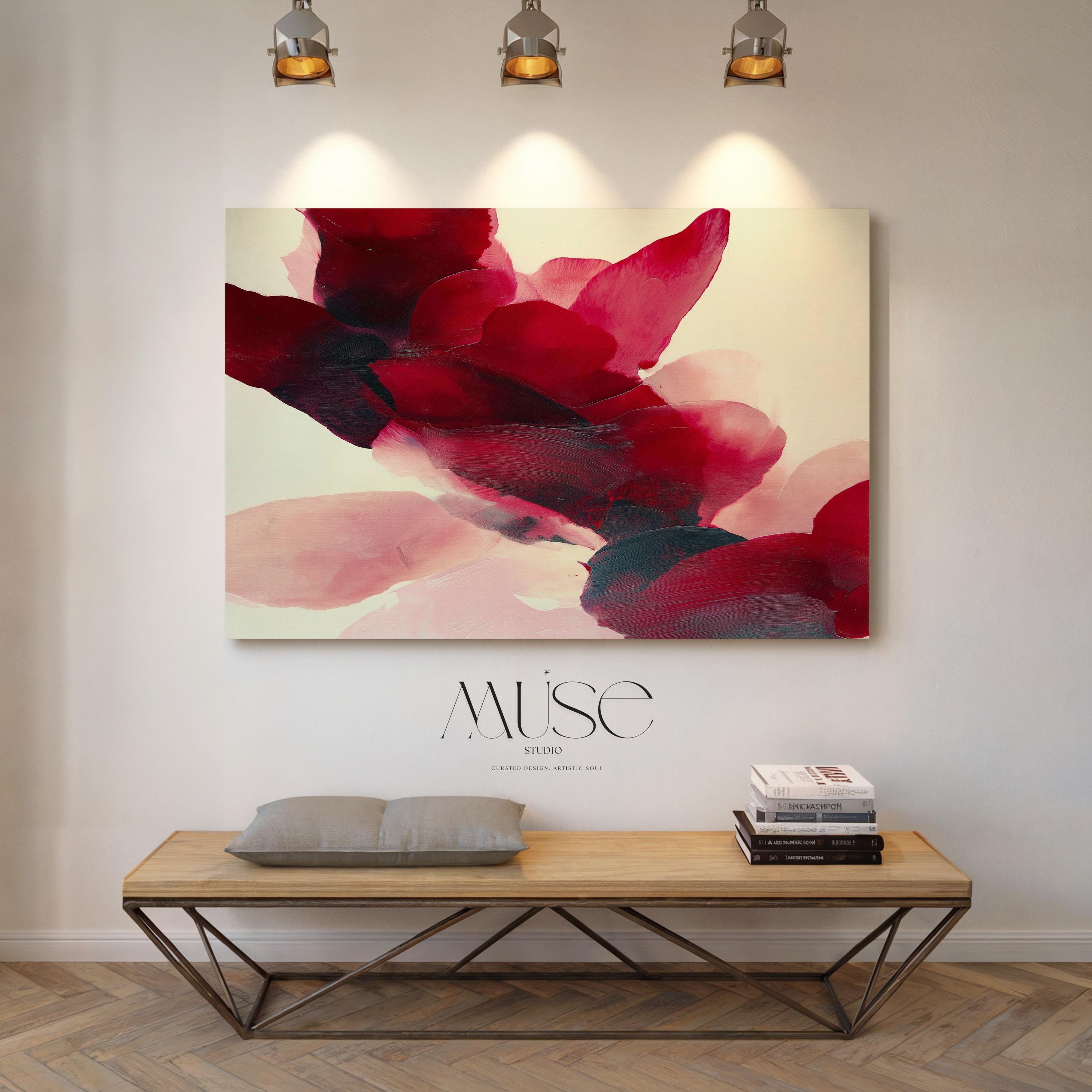 Horizontal cranberry and blush abstract wall art on canvas with sweeping painterly forms and soft contemporary style. Large statement decor for living room, dining room, or bedroom. Gallery-grade canvas wall art by Muse Studio.