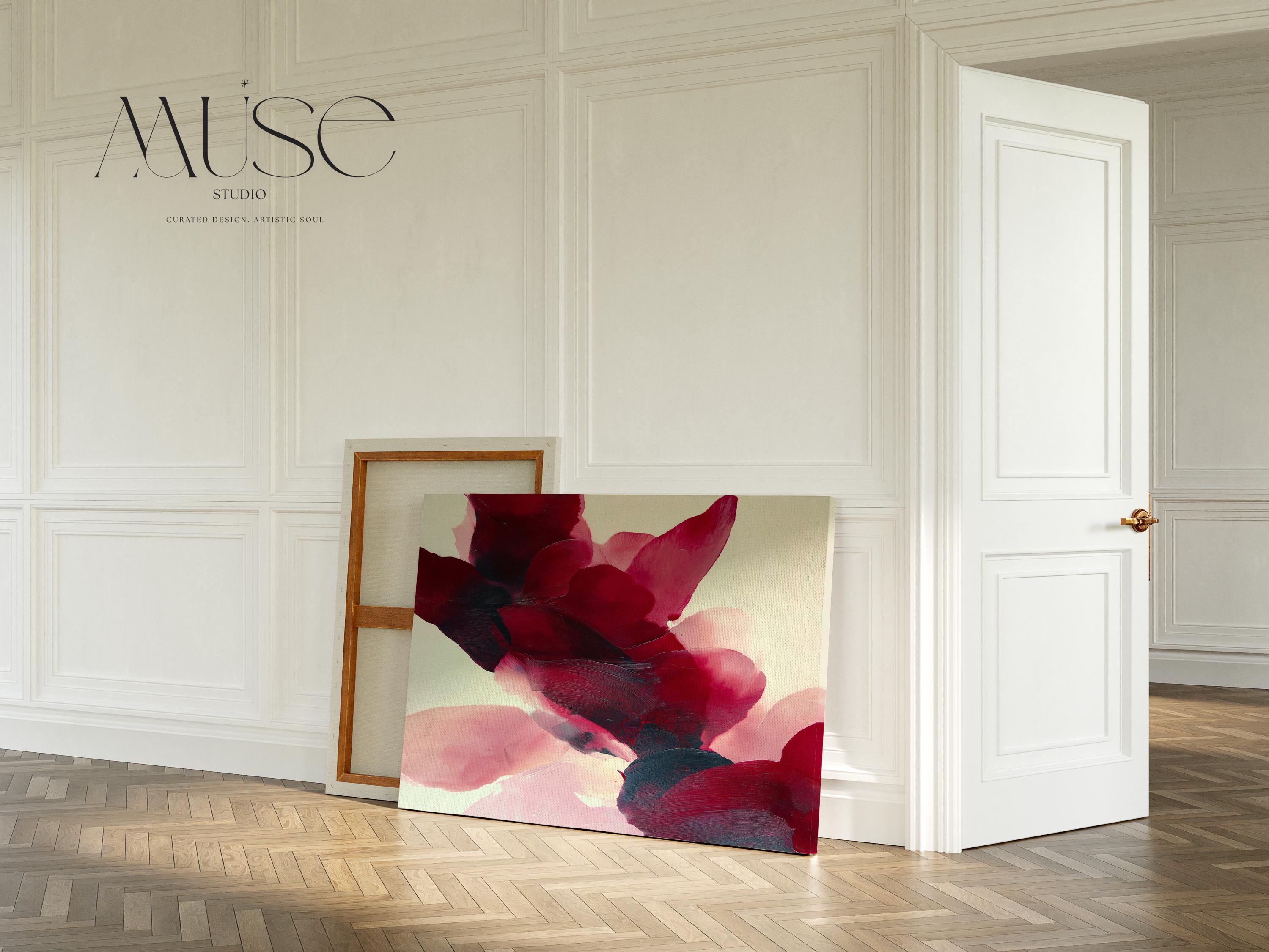 Horizontal cranberry and blush abstract wall art on canvas with sweeping painterly forms and soft contemporary style. Large statement decor for living room, dining room, or bedroom. Gallery-grade canvas wall art by Muse Studio.