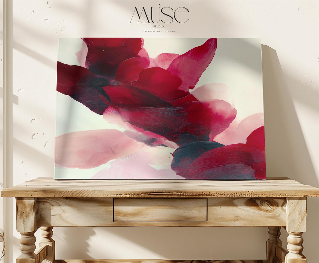 Horizontal cranberry and blush abstract wall art on canvas with sweeping painterly forms and soft contemporary style. Large statement decor for living room, dining room, or bedroom. Gallery-grade canvas wall art by Muse Studio.