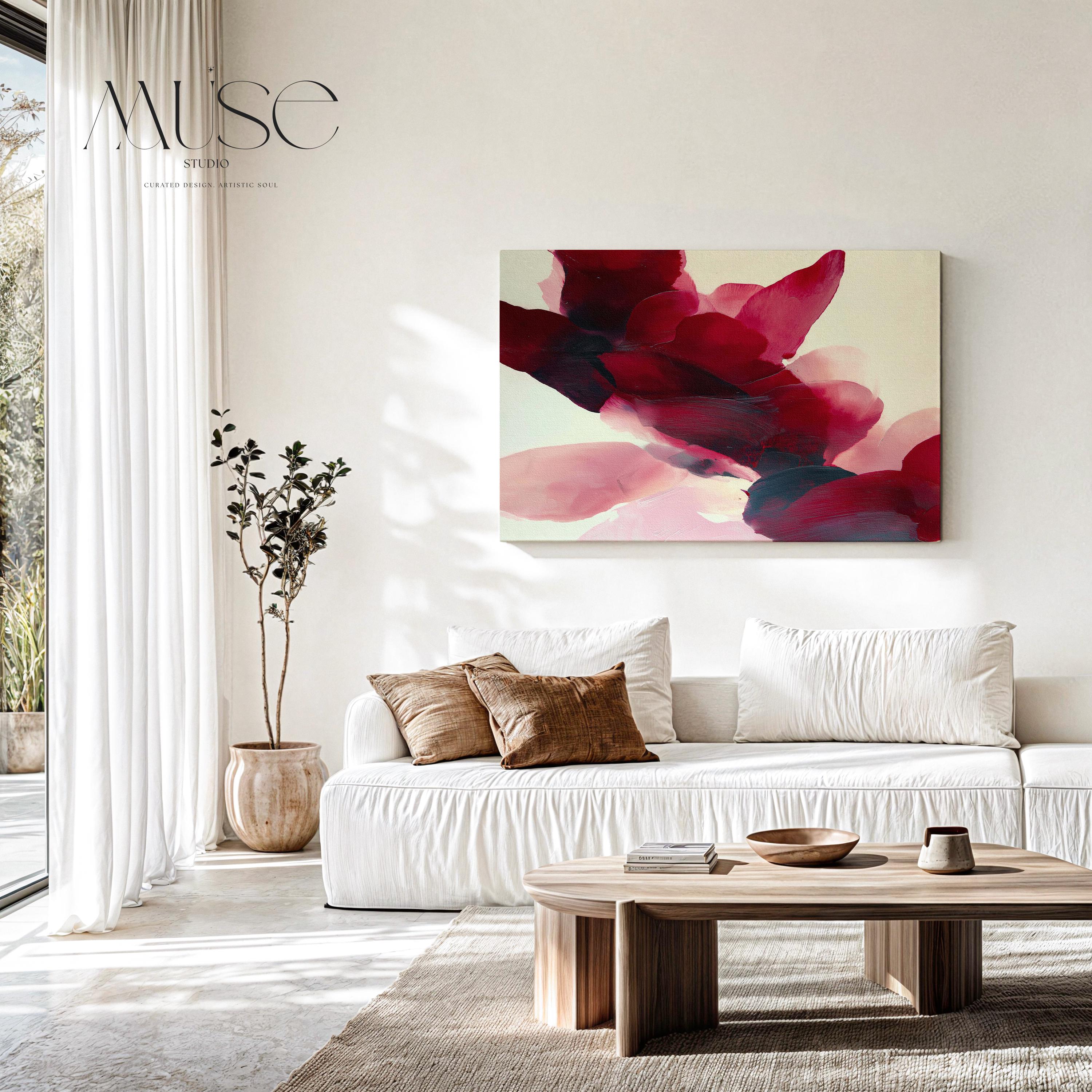 Horizontal cranberry and blush abstract wall art on canvas with sweeping painterly forms and soft contemporary style. Large statement decor for living room, dining room, or bedroom. Gallery-grade canvas wall art by Muse Studio.