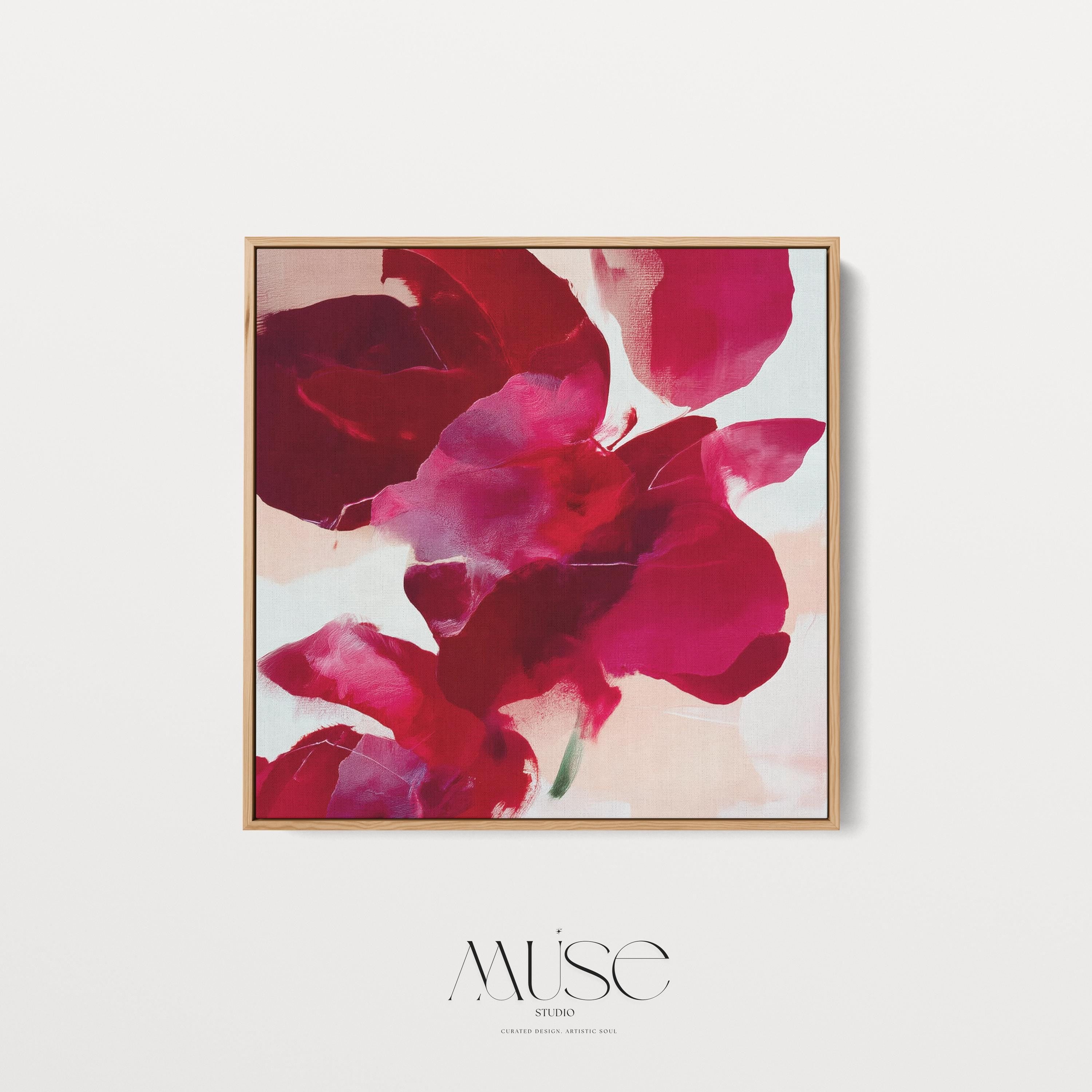 poinsettia-inspired abstract wall art in deep red, berry, and blush tones on framed canvas. Bold holiday color pop style with soft painterly texture. Ideal for Christmas entryway, dining room, or winter living room decor. Premium framed canvas artwork by Muse Studio.