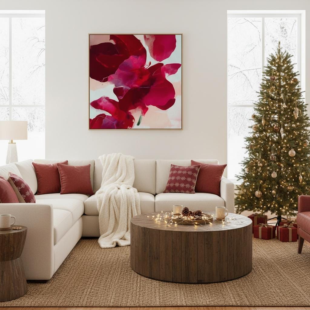poinsettia-inspired abstract wall art in deep red, berry, and blush tones on framed canvas. Bold holiday color pop style with soft painterly texture. Ideal for Christmas entryway, dining room, or winter living room decor. Premium framed canvas artwork by Muse Studio.