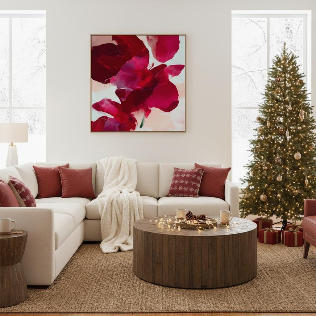 poinsettia-inspired abstract wall art in deep red, berry, and blush tones on framed canvas. Bold holiday color pop style with soft painterly texture. Ideal for Christmas entryway, dining room, or winter living room decor. Premium framed canvas artwork by Muse Studio.