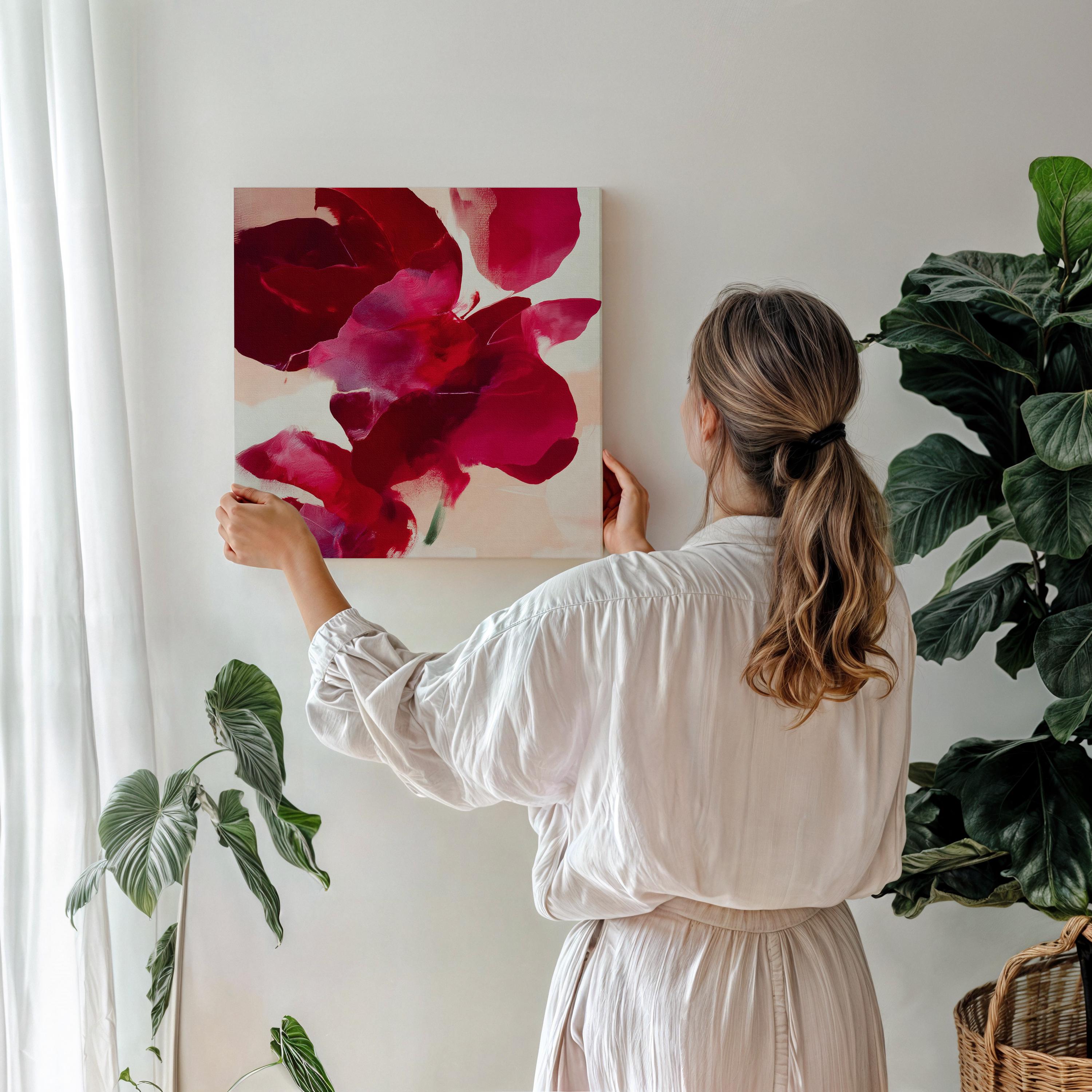 Square abstract holiday canvas featuring deep crimson, berry, and blush painterly petals with soft blended edges. Color-pop seasonal wall art in a warm minimalist style, ideal for Christmas living rooms, winter bedrooms, or festive entryways. Premium gallery-wrapped canvas by Muse Studio.