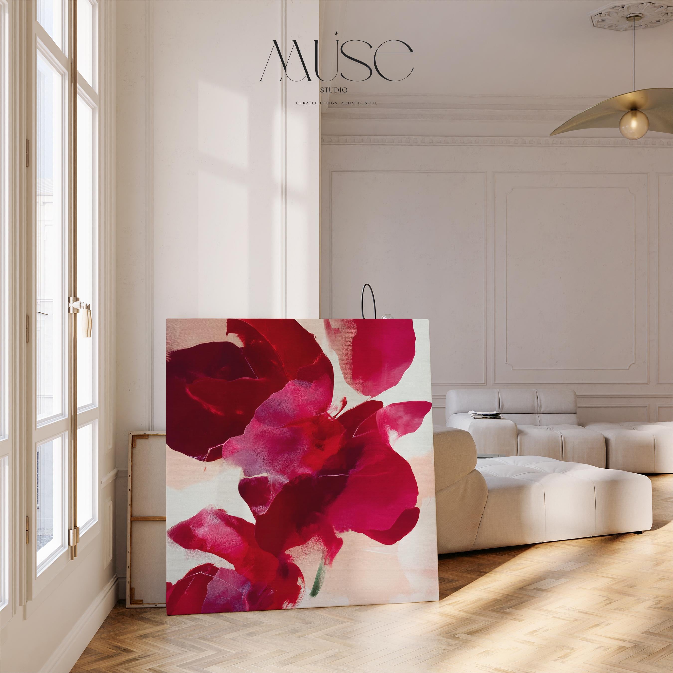 Square abstract holiday canvas featuring deep crimson, berry, and blush painterly petals with soft blended edges. Color-pop seasonal wall art in a warm minimalist style, ideal for Christmas living rooms, winter bedrooms, or festive entryways. Premium gallery-wrapped canvas by Muse Studio.
