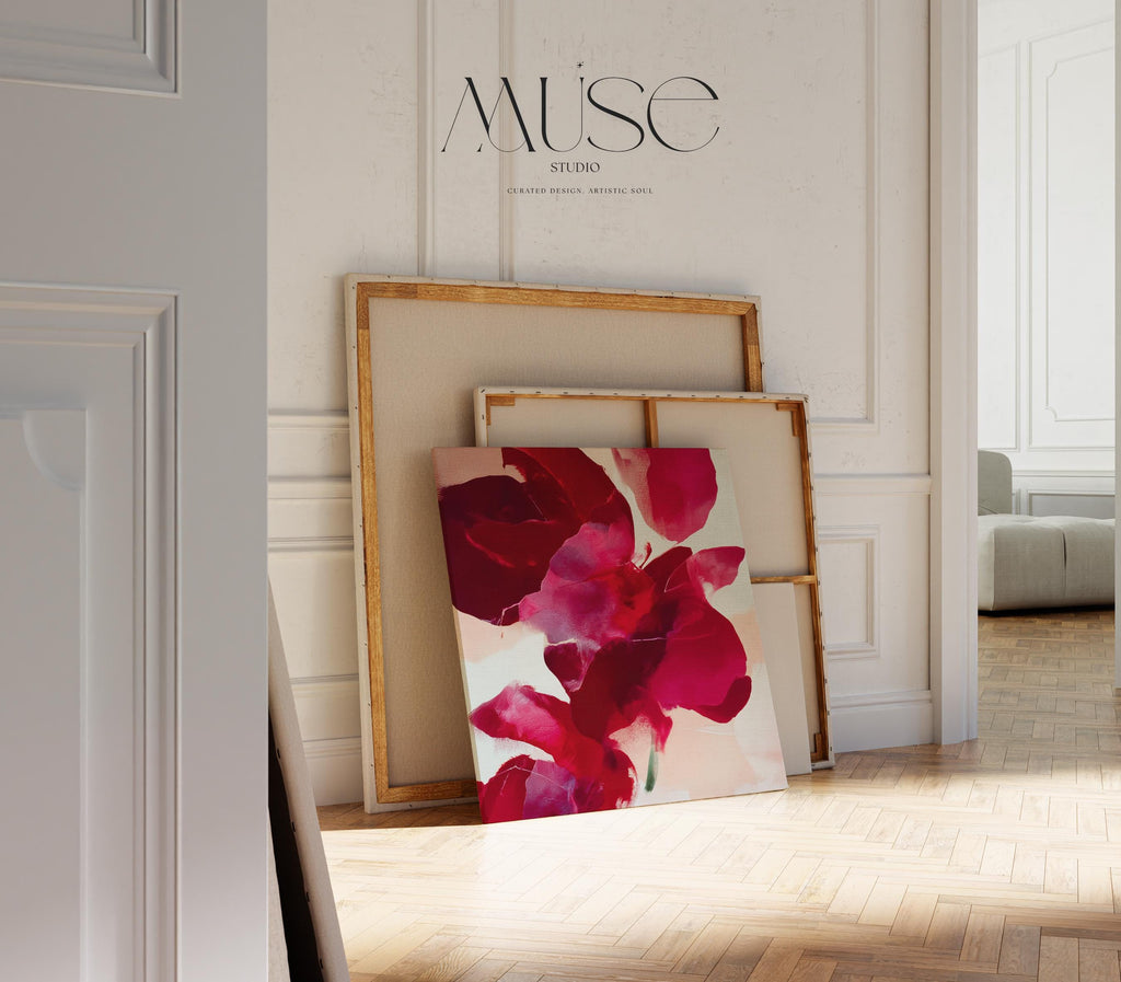 Square abstract holiday canvas featuring deep crimson, berry, and blush painterly petals with soft blended edges. Color-pop seasonal wall art in a warm minimalist style, ideal for Christmas living rooms, winter bedrooms, or festive entryways. Premium gallery-wrapped canvas by Muse Studio.