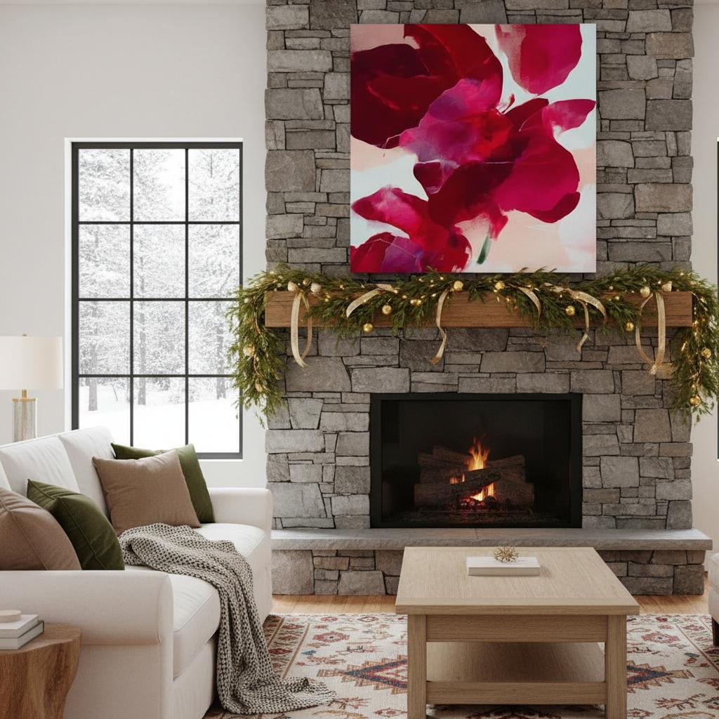 Square abstract holiday canvas featuring deep crimson, berry, and blush painterly petals with soft blended edges. Color-pop seasonal wall art in a warm minimalist style, ideal for Christmas living rooms, winter bedrooms, or festive entryways. Premium gallery-wrapped canvas by Muse Studio.