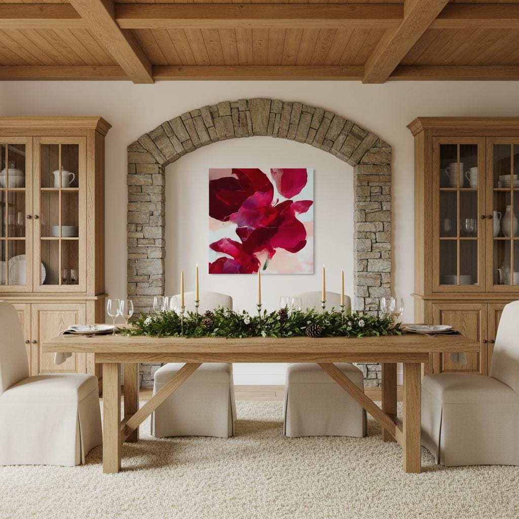 Square abstract holiday canvas featuring deep crimson, berry, and blush painterly petals with soft blended edges. Color-pop seasonal wall art in a warm minimalist style, ideal for Christmas living rooms, winter bedrooms, or festive entryways. Premium gallery-wrapped canvas by Muse Studio.