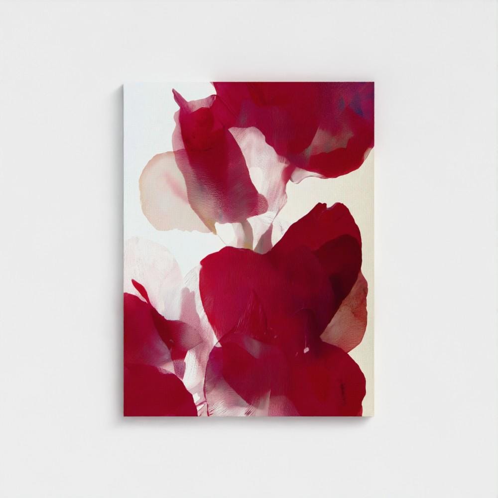 Vertical abstract canvas featuring layered crimson, berry red, and blush floral forms with soft painterly textures. Modern holiday wall art in a warm minimalist, color-pop style—ideal for Christmas entryways, seasonal dining rooms, or cozy winter homes. Gallery-wrapped canvas by Muse Studio
