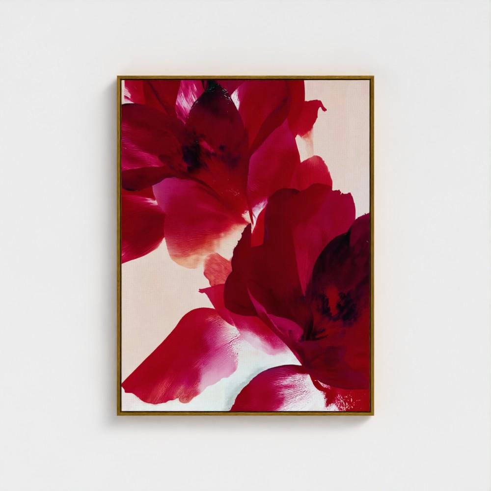 Vertical abstract canvas featuring deep crimson, berry red, and soft blush floral forms with expressive painterly texture. Modern holiday wall art in a warm minimalist, color-pop style—ideal for festive dining rooms, Christmas entryways, or cozy winter homes. Gallery-wrapped canvas by Muse Studio.