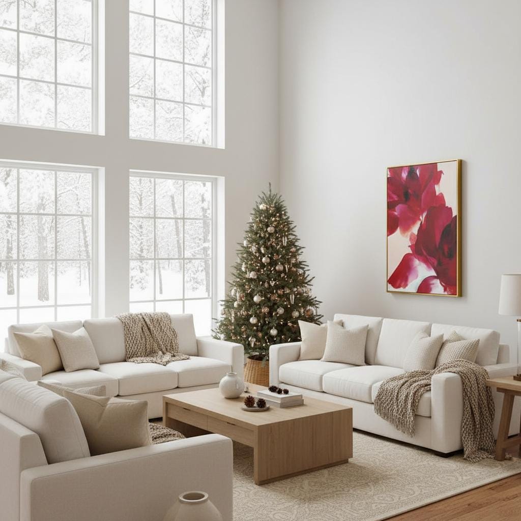 Vertical abstract canvas featuring deep crimson, berry red, and soft blush floral forms with expressive painterly texture. Modern holiday wall art in a warm minimalist, color-pop style—ideal for festive dining rooms, Christmas entryways, or cozy winter homes. Gallery-wrapped canvas by Muse Studio.
