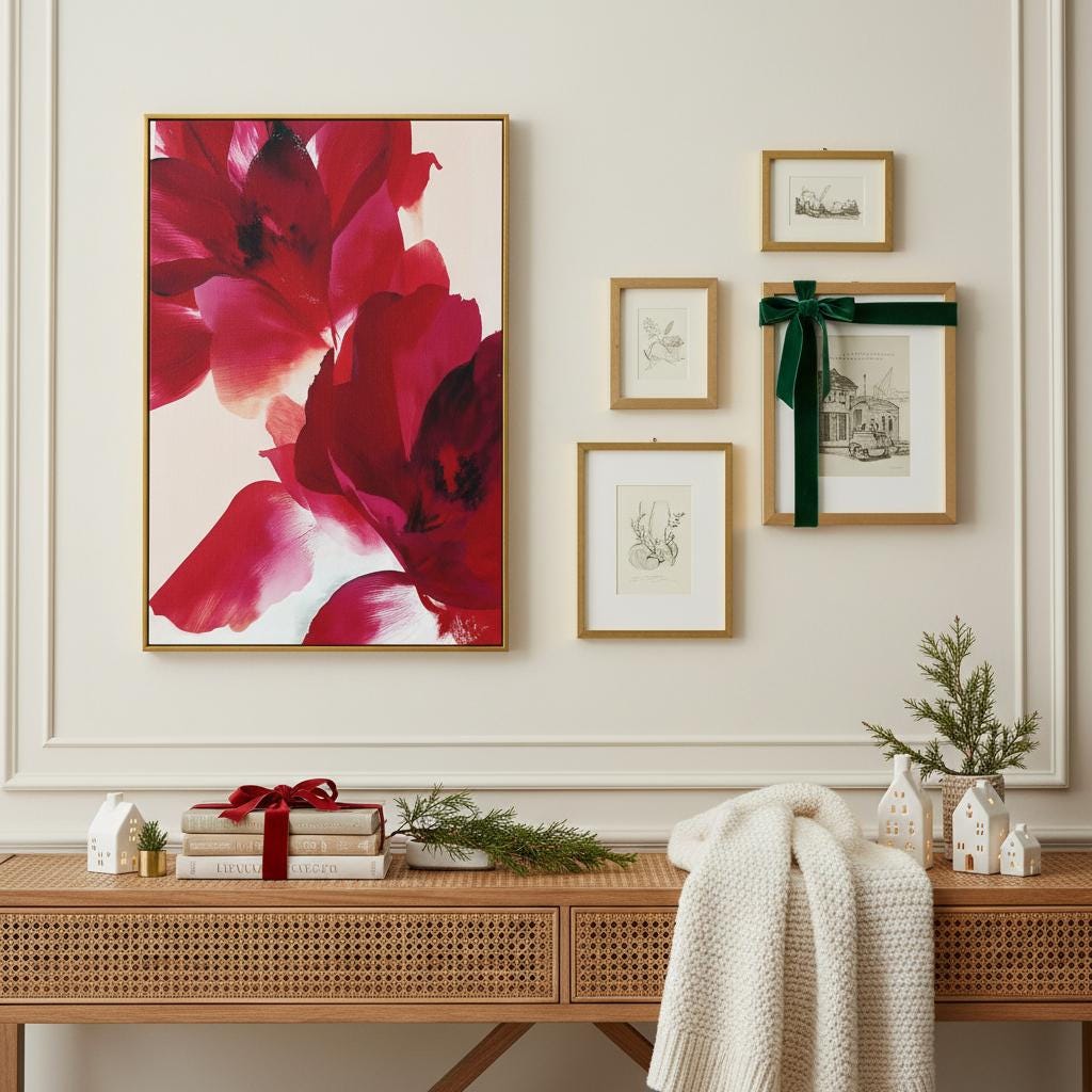 Vertical abstract canvas featuring deep crimson, berry red, and soft blush floral forms with expressive painterly texture. Modern holiday wall art in a warm minimalist, color-pop style—ideal for festive dining rooms, Christmas entryways, or cozy winter homes. Gallery-wrapped canvas by Muse Studio.