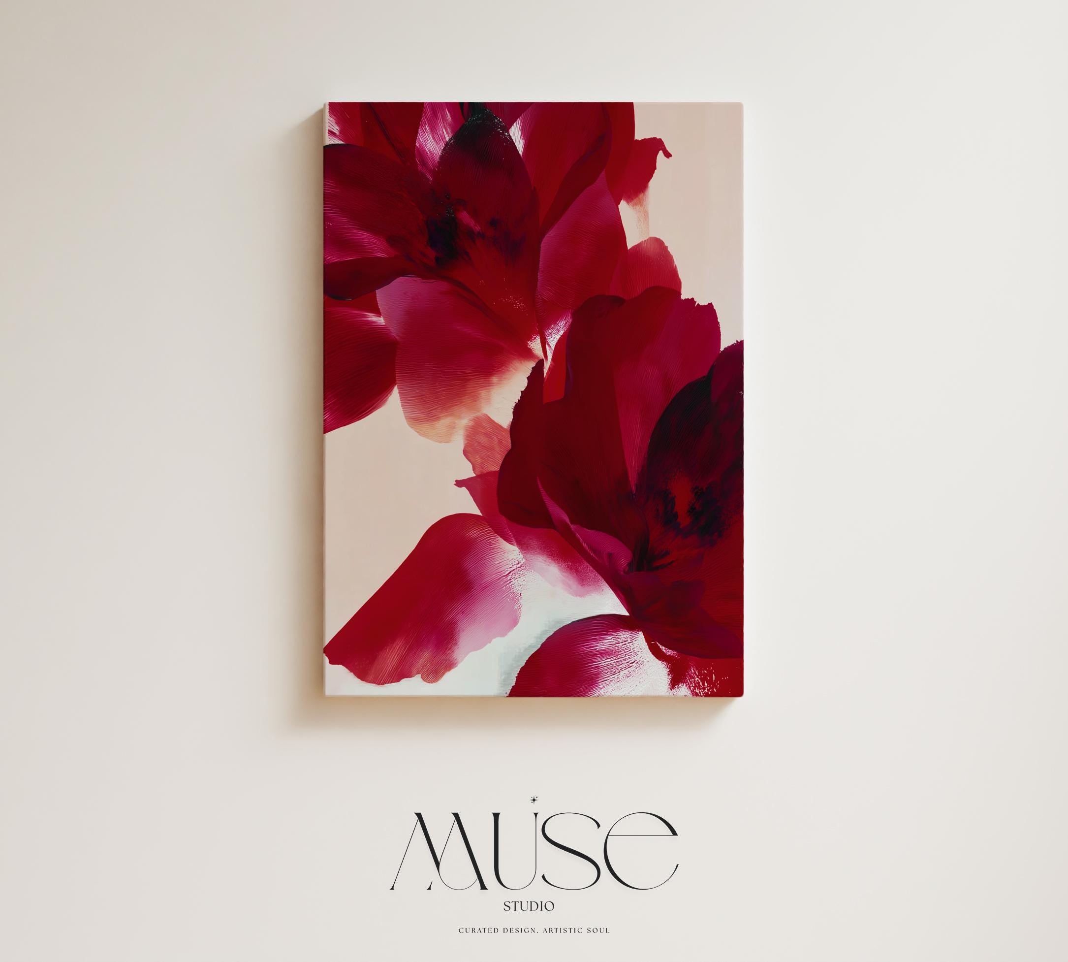 Vertical cranberry and red abstract floral canvas wall art in a holiday minimalist contemporary style, ideal for living room or dining room winter decor; gallery-wrapped canvas by Muse Studio.