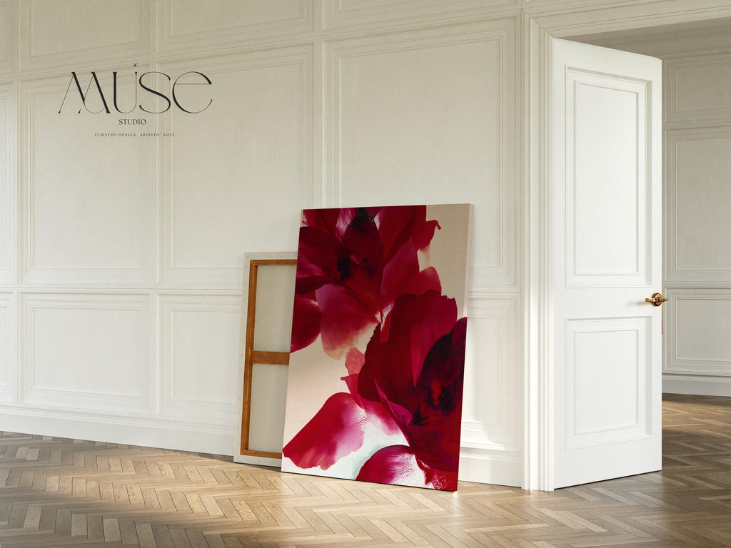 Vertical cranberry and red abstract floral canvas wall art in a holiday minimalist contemporary style, ideal for living room or dining room winter decor; gallery-wrapped canvas by Muse Studio.