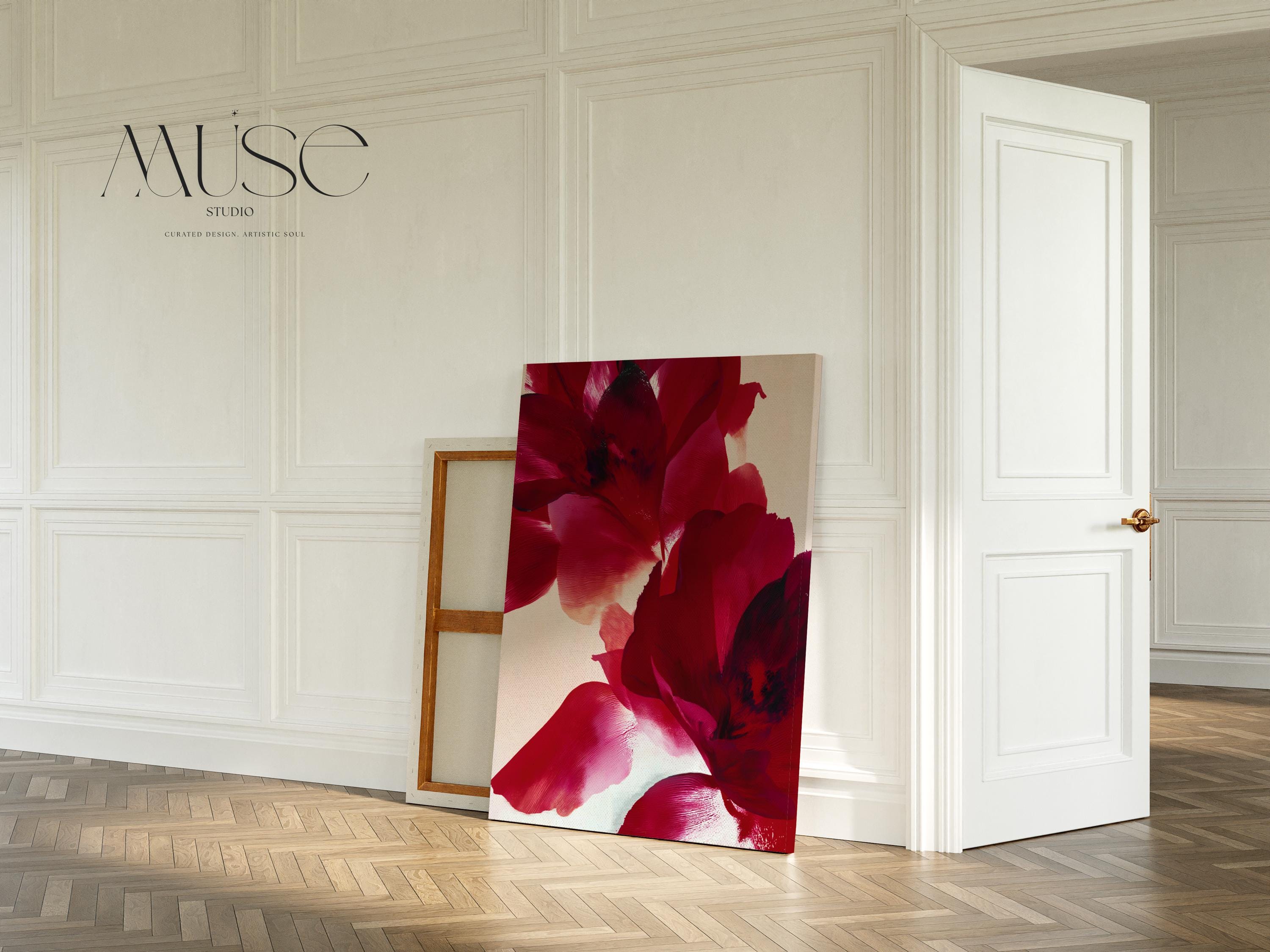 Vertical cranberry and red abstract floral canvas wall art in a holiday minimalist contemporary style, ideal for living room or dining room winter decor; gallery-wrapped canvas by Muse Studio.