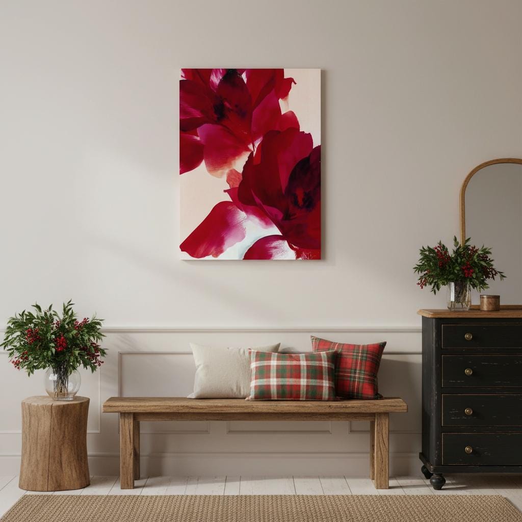 Vertical cranberry and red abstract floral canvas wall art in a holiday minimalist contemporary style, ideal for living room or dining room winter decor; gallery-wrapped canvas by Muse Studio.