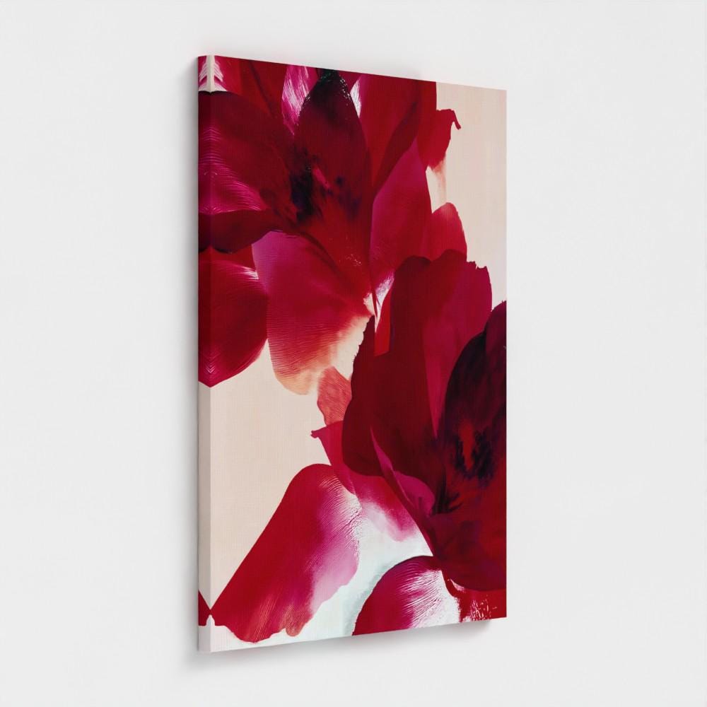 Vertical cranberry and red abstract floral canvas wall art in a holiday minimalist contemporary style, ideal for living room or dining room winter decor; gallery-wrapped canvas by Muse Studio.