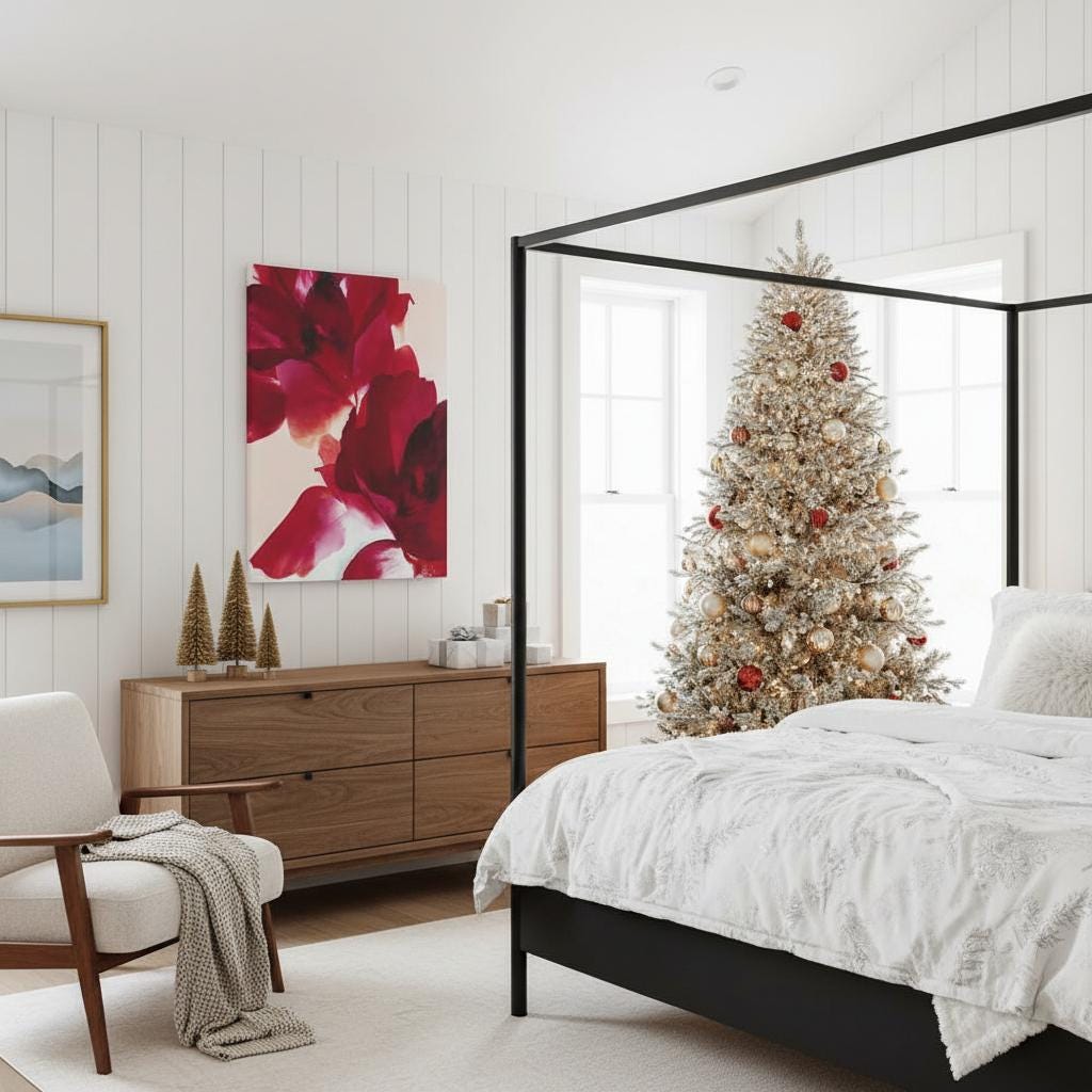 Vertical cranberry and red abstract floral canvas wall art in a holiday minimalist contemporary style, ideal for living room or dining room winter decor; gallery-wrapped canvas by Muse Studio.