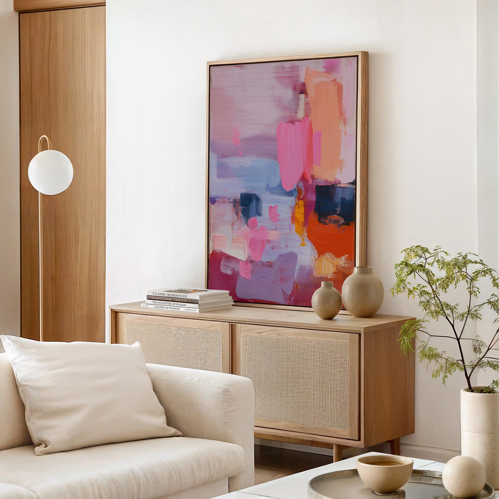 Vertical abstract canvas wall art in pink, coral, lilac, and navy tones with a preppy soft art style, ideal for living room or bedroom decor; gallery-wrapped canvas by Muse Studio.