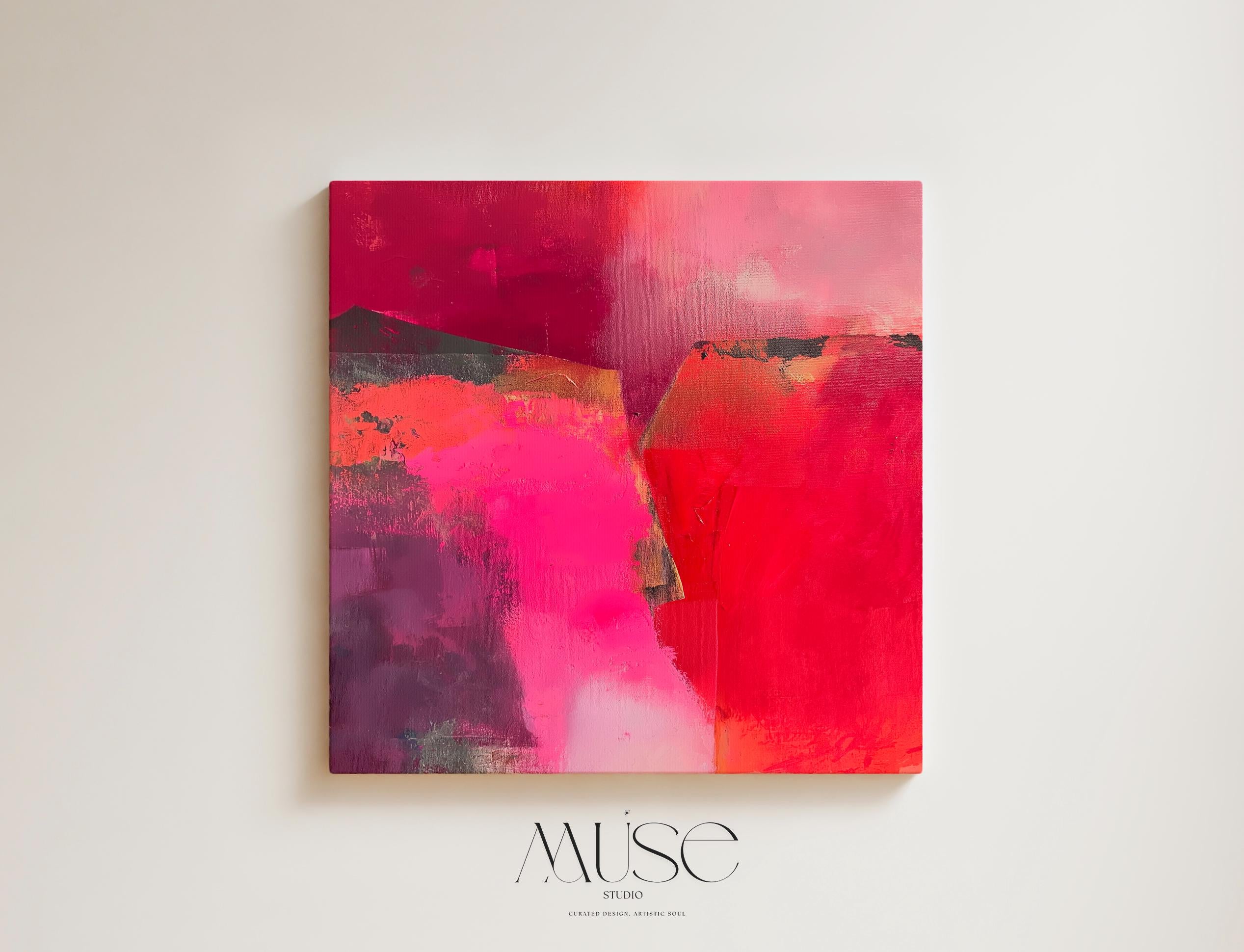 Square abstract wall art in vivid berry, crimson, and fuchsia tones with layered brush texture; ideal for winter living rooms, holiday dining rooms, or boutique contemporary interiors; gallery-wrapped canvas by Muse Studio.
