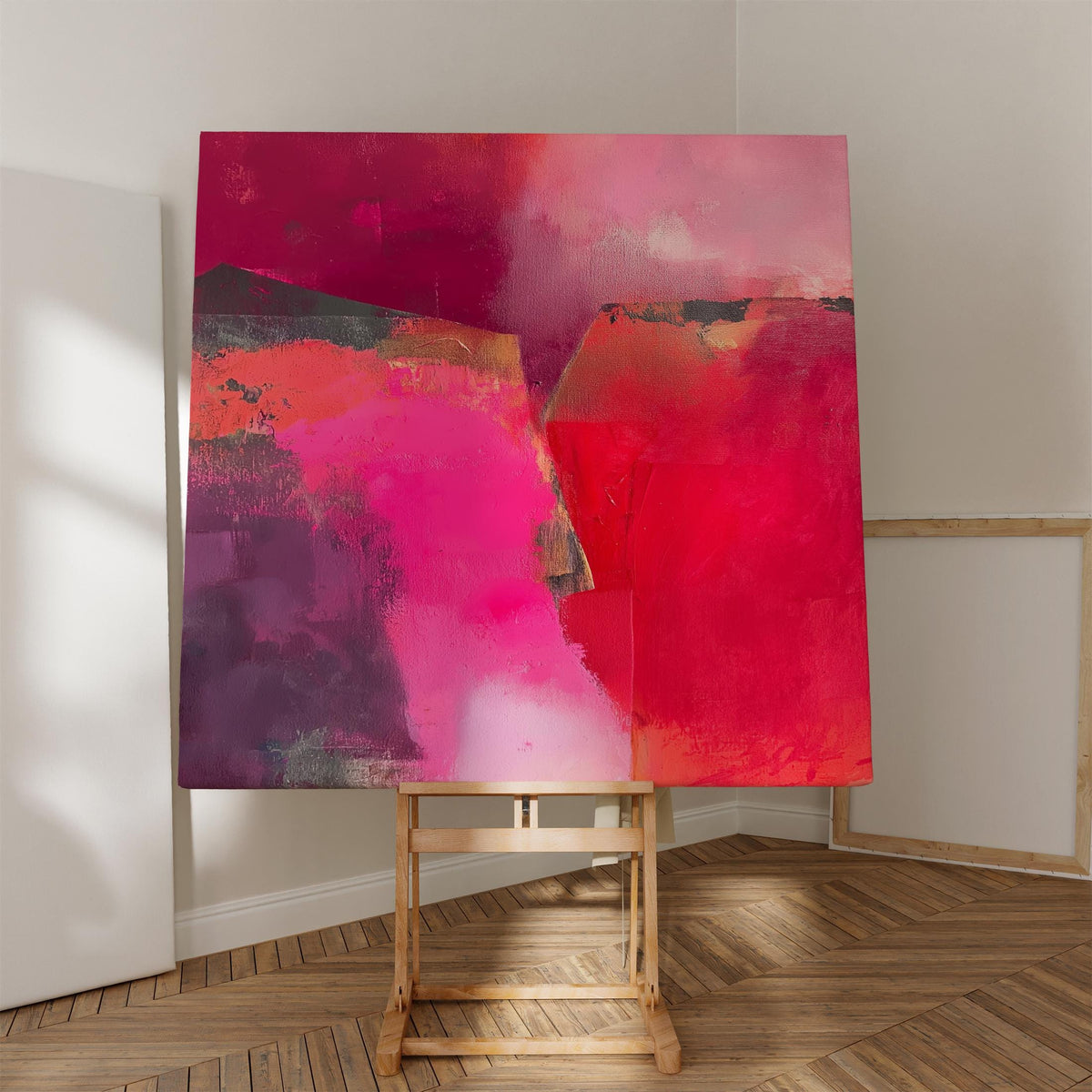 Square abstract wall art in vivid berry, crimson, and fuchsia tones with layered brush texture; ideal for winter living rooms, holiday dining rooms, or boutique contemporary interiors; gallery-wrapped canvas by Muse Studio.