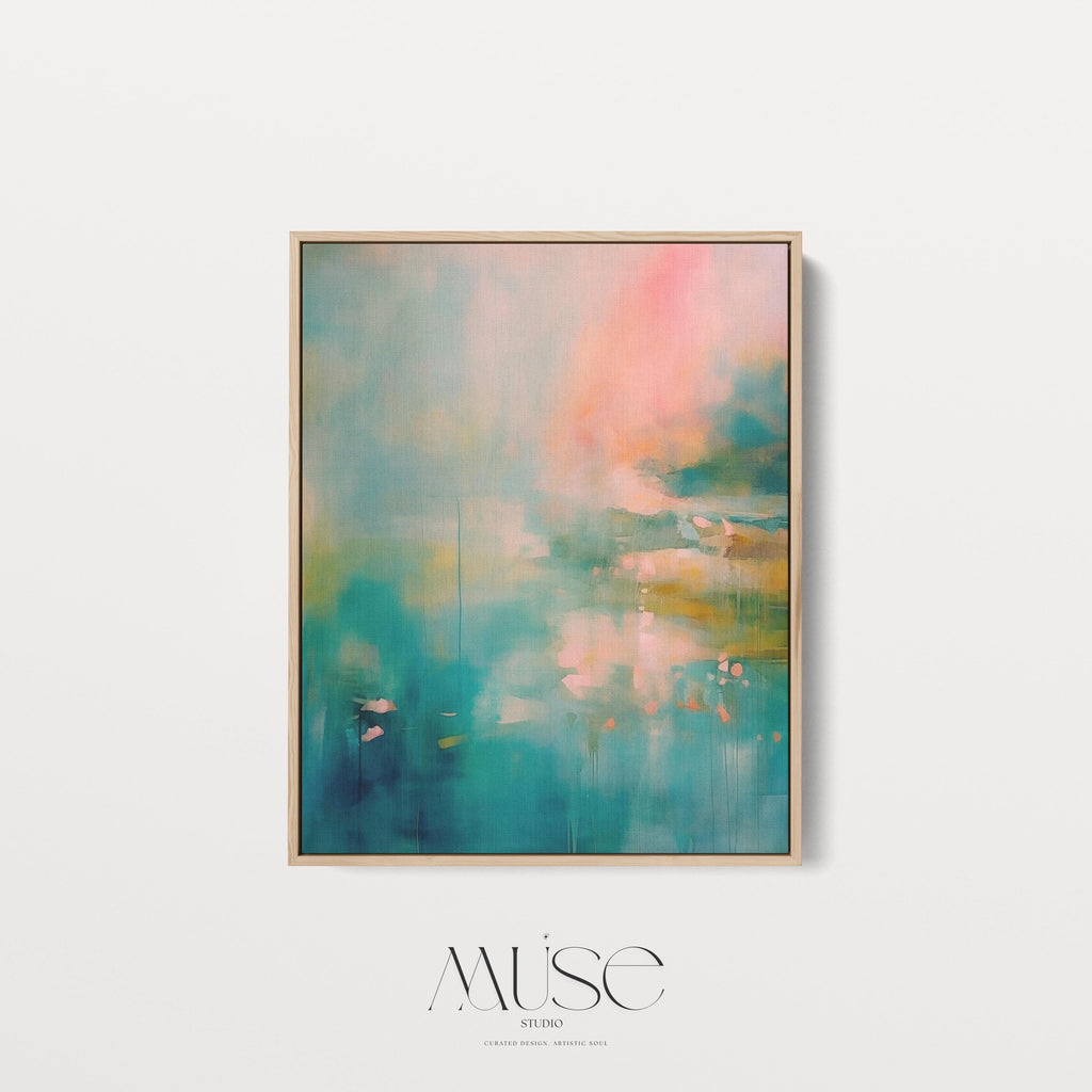 Vertical abstract canvas in teal, aqua, peach, and blush tones with soft contemporary blending and gentle drips; ideal for living rooms, coastal homes, bedrooms, and warm minimalist interiors; gallery-wrapped canvas by Muse Studio.