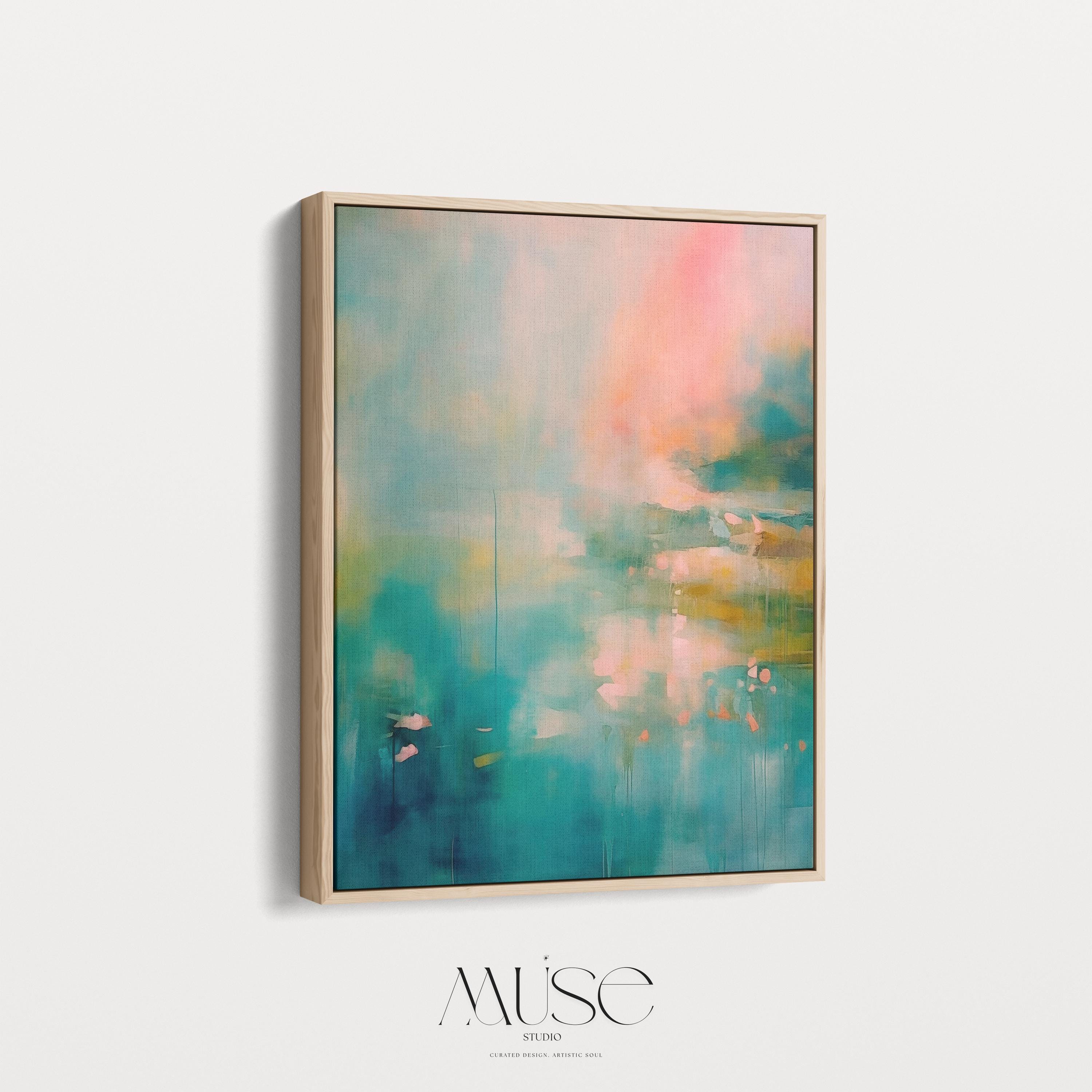 Vertical abstract canvas in teal, aqua, peach, and blush tones with soft contemporary blending and gentle drips; ideal for living rooms, coastal homes, bedrooms, and warm minimalist interiors; gallery-wrapped canvas by Muse Studio.