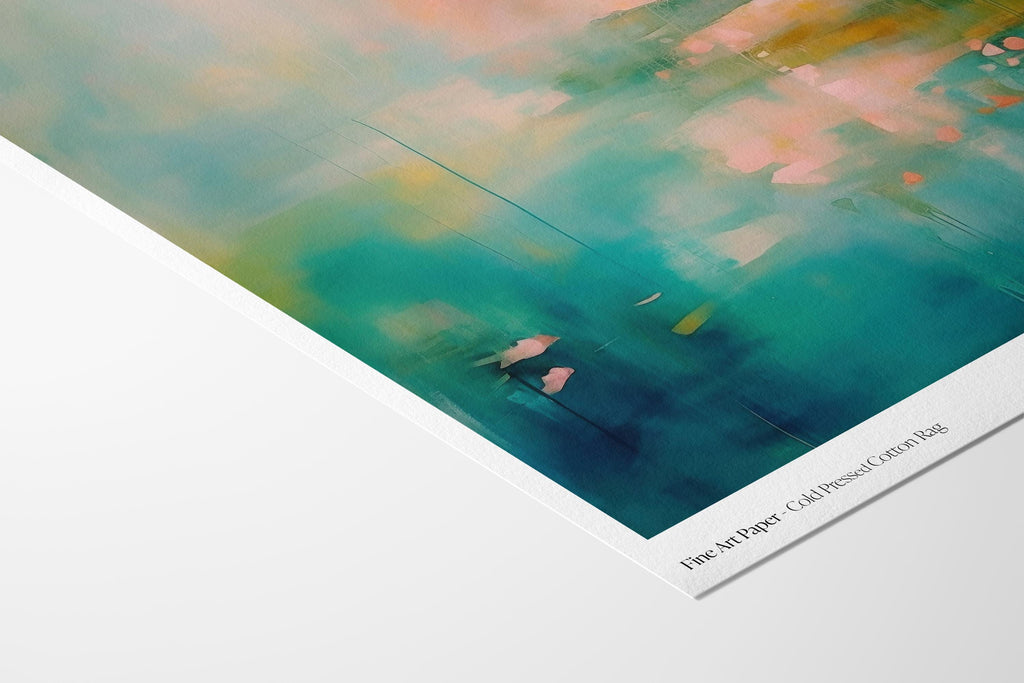 Vertical abstract canvas in teal, aqua, peach, and blush tones with soft contemporary blending and gentle drips; ideal for living rooms, coastal homes, bedrooms, and warm minimalist interiors; gallery-wrapped canvas by Muse Studio.