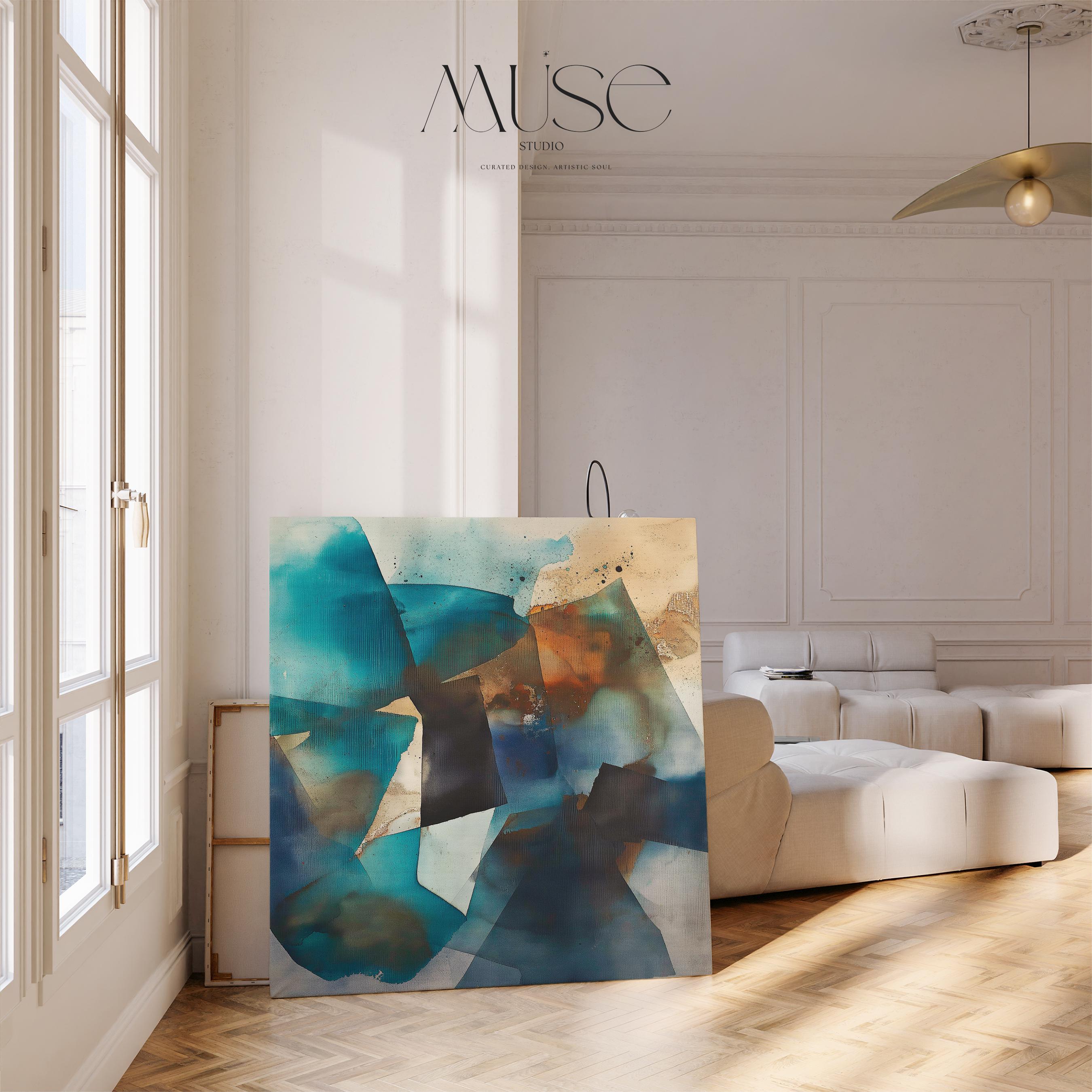 Square abstract canvas in deep teal, navy, and rust tones with moody geometric layering; ideal for living rooms, offices, and contemporary interiors; gallery-wrapped canvas by Muse Studio.