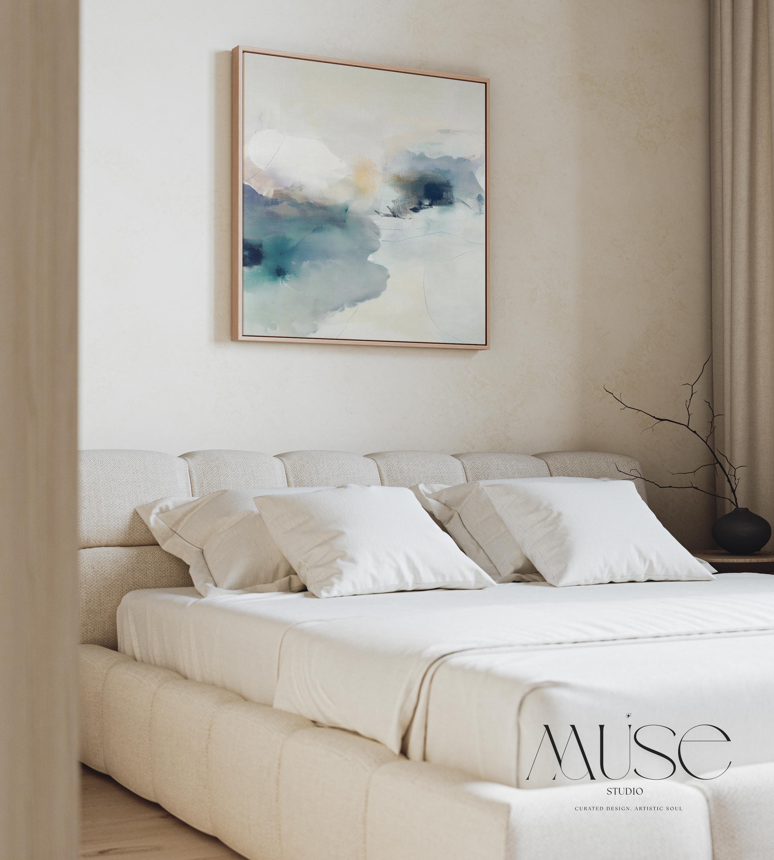 Square abstract canvas in winter white, misty blue, and soft gray tones with a serene alpine-inspired style; perfect for winter homes, lodges, and soft minimal interiors; gallery-wrapped canvas by Muse Studio.