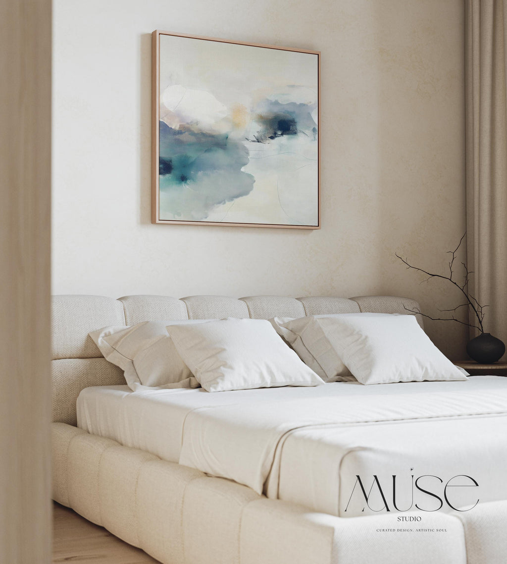 Square abstract canvas in winter white, misty blue, and soft gray tones with a serene alpine-inspired style; perfect for winter homes, lodges, and soft minimal interiors; gallery-wrapped canvas by Muse Studio.