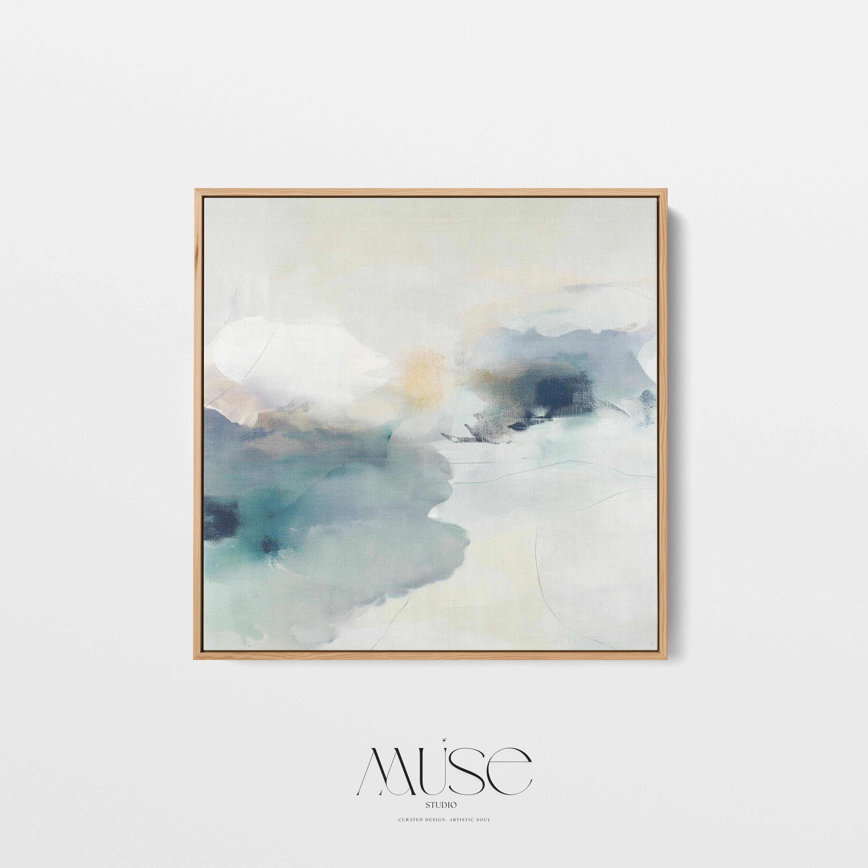 Square abstract canvas in winter white, misty blue, and soft gray tones with a serene alpine-inspired style; perfect for winter homes, lodges, and soft minimal interiors; gallery-wrapped canvas by Muse Studio.