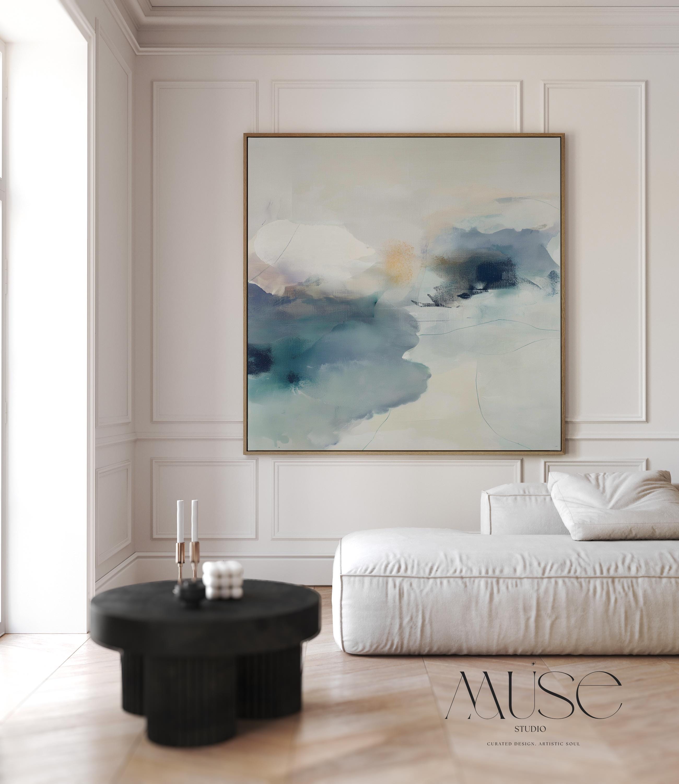 Square abstract canvas in winter white, misty blue, and soft gray tones with a serene alpine-inspired style; perfect for winter homes, lodges, and soft minimal interiors; gallery-wrapped canvas by Muse Studio.
