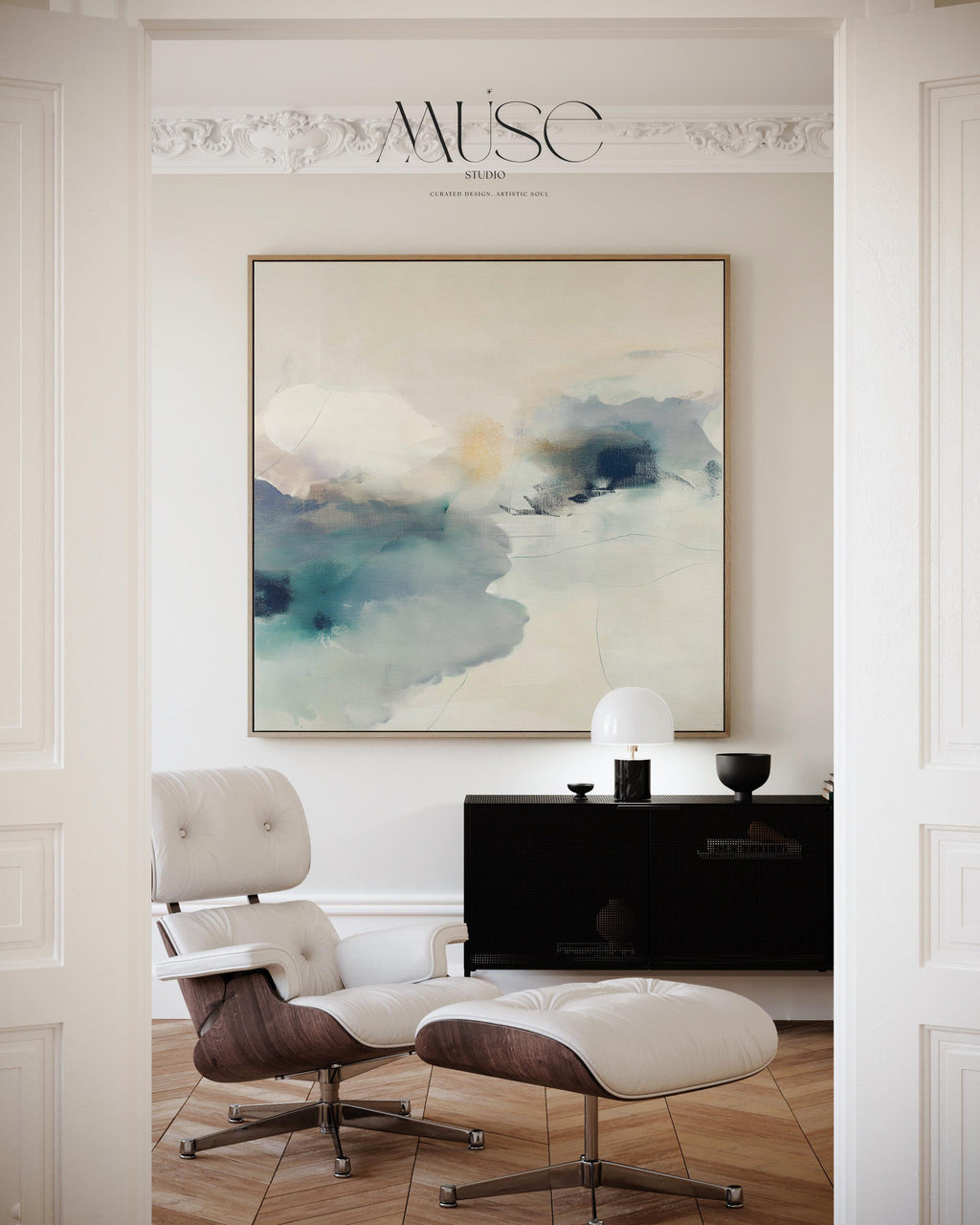 Square abstract canvas in winter white, misty blue, and soft gray tones with a serene alpine-inspired style; perfect for winter homes, lodges, and soft minimal interiors; gallery-wrapped canvas by Muse Studio.