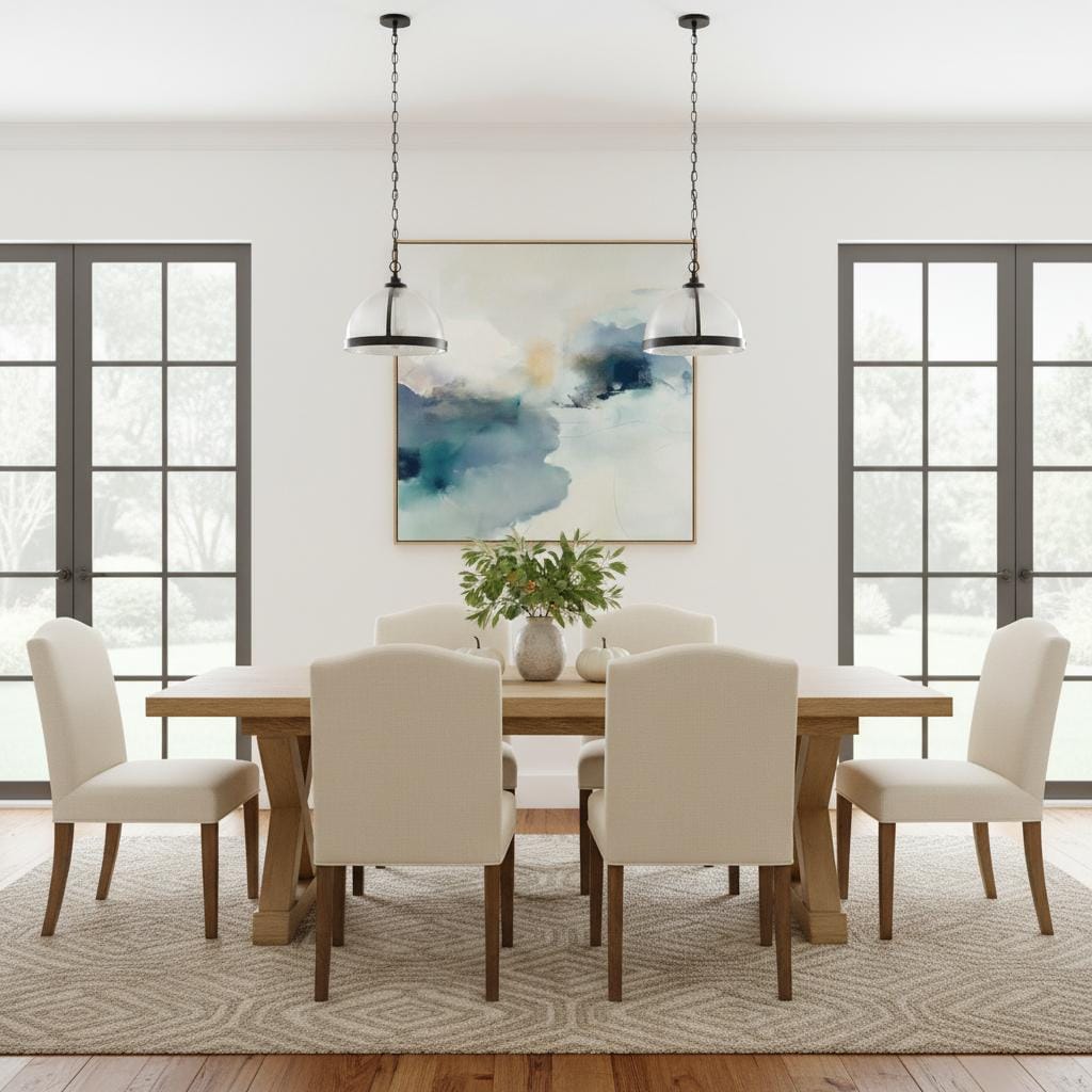 Square abstract canvas in winter white, misty blue, and soft gray tones with a serene alpine-inspired style; perfect for winter homes, lodges, and soft minimal interiors; gallery-wrapped canvas by Muse Studio.
